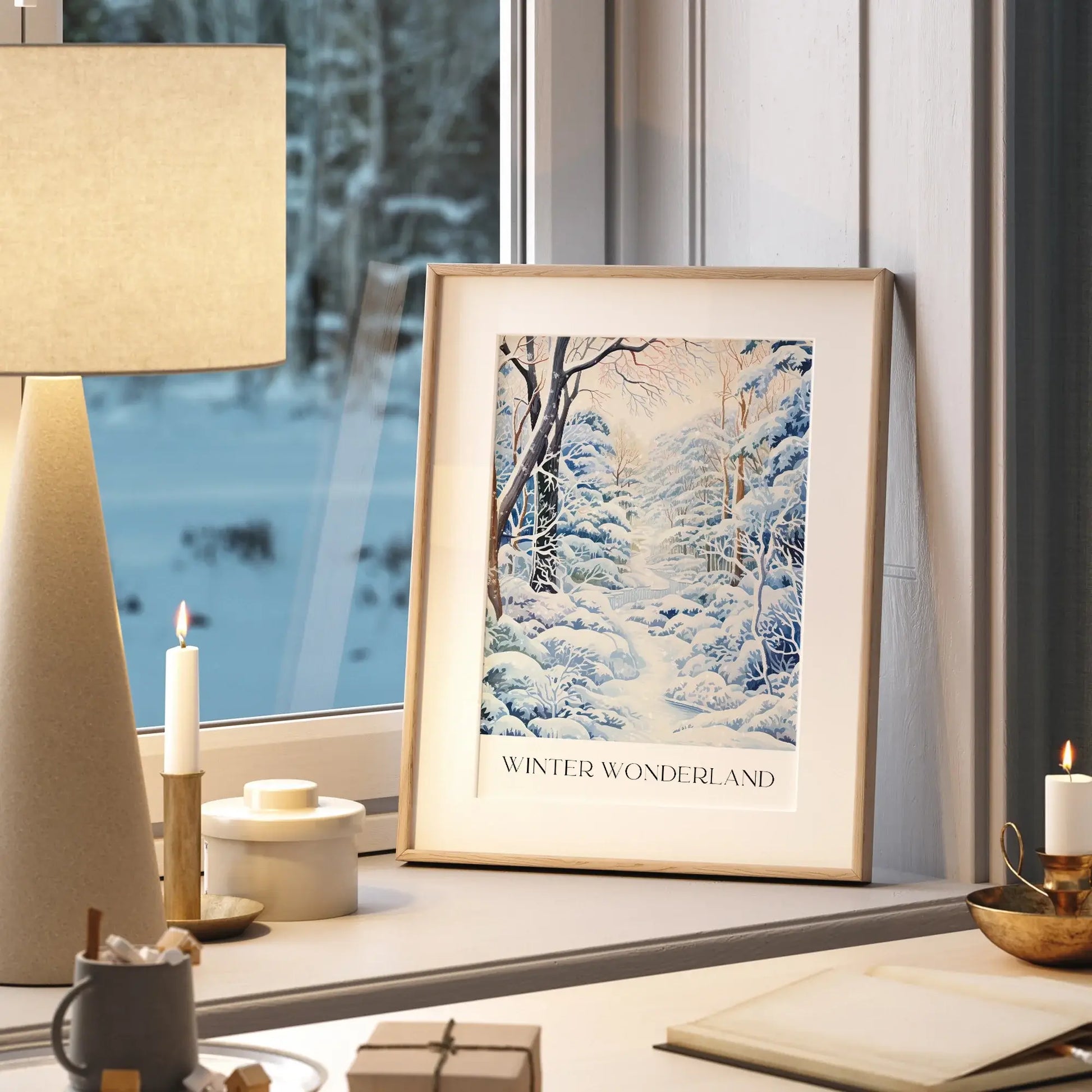 Winter Wonderland Art Print displayed in a cozy home setting by a window with winter scenery.