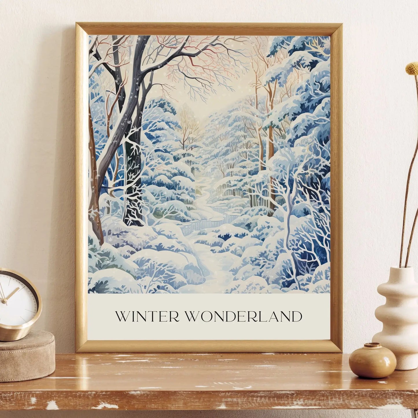 Winter Wonderland Art Print framed artwork displaying a serene snow-covered landscape with trees.