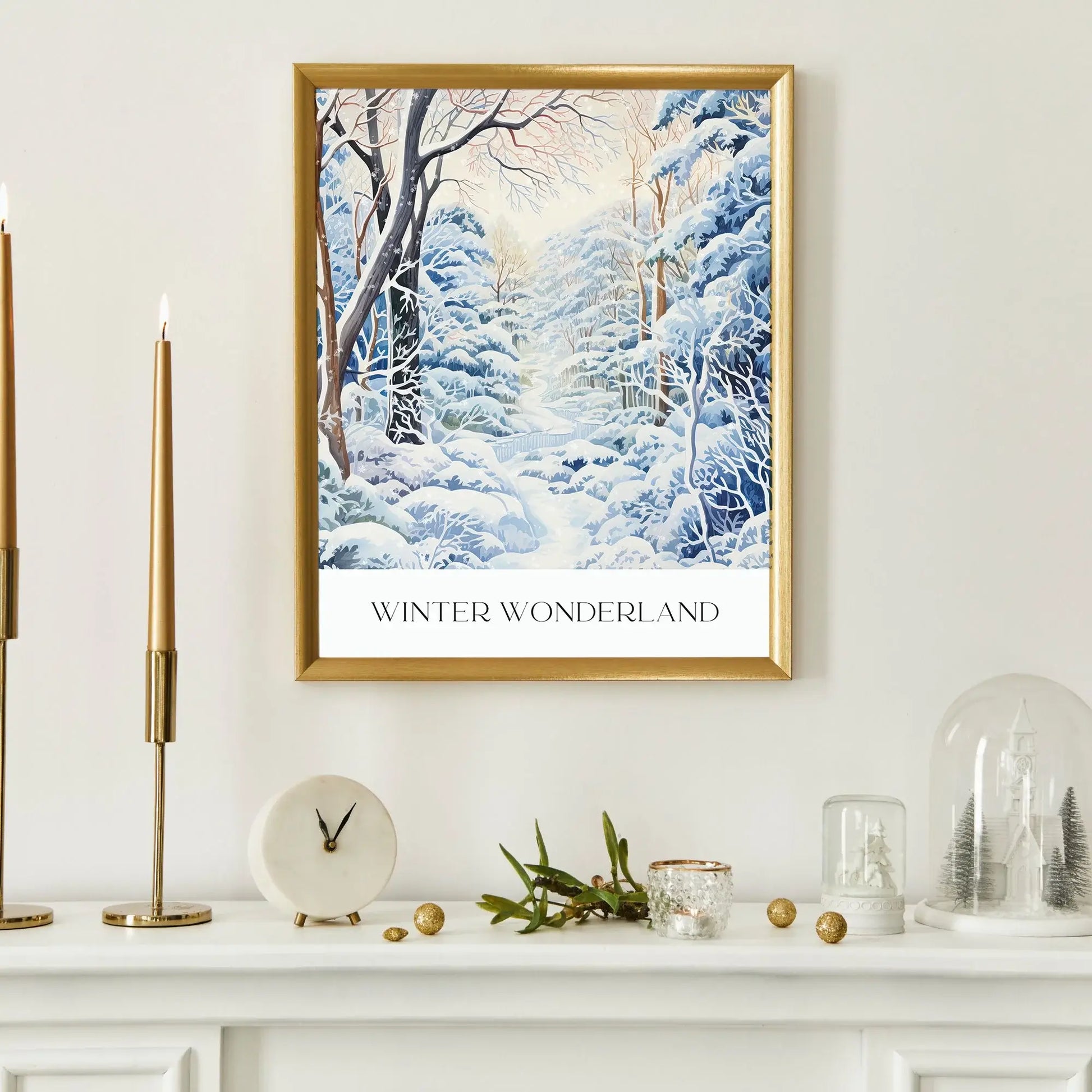 Winter Wonderland Art Print framed on a mantel with candles and decor, showcasing a serene snowy landscape.
