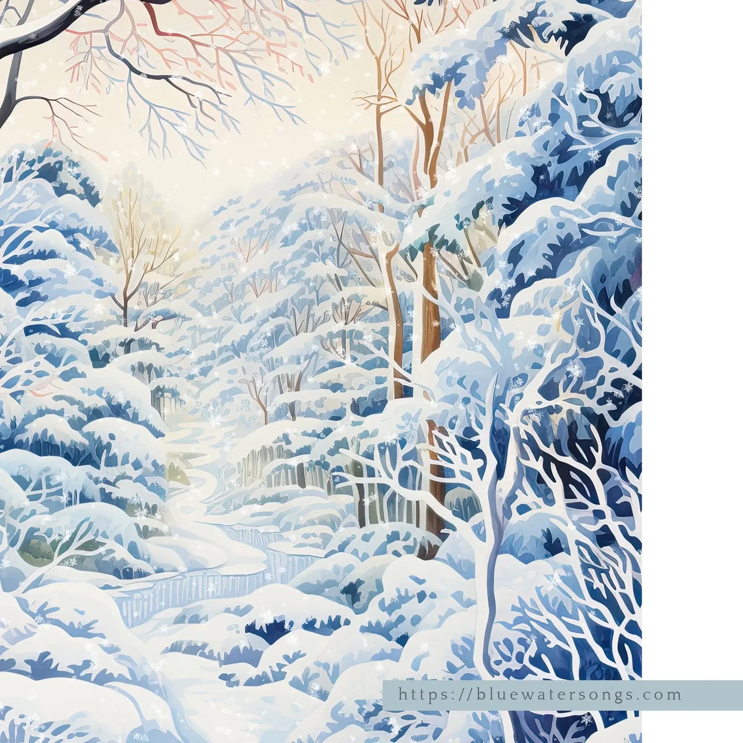 Winter Wonderland Art Print depicting a serene, snow-covered landscape, perfect for winter decor.
