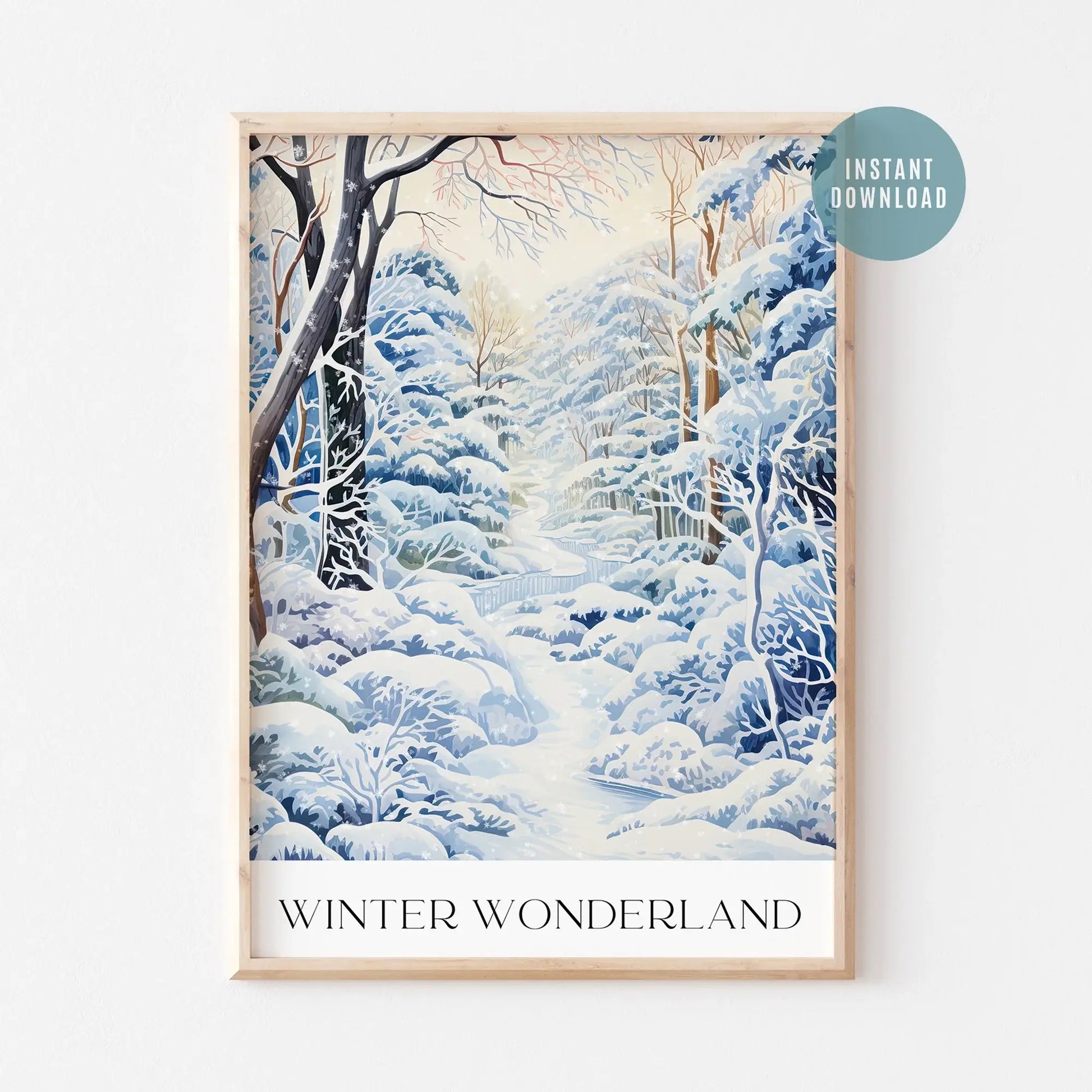 Winter Wonderland Art Print featuring a serene snow-covered landscape in a framed digital download.