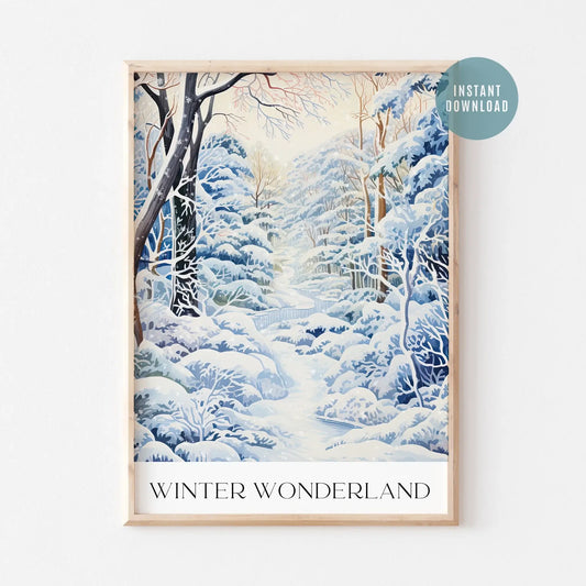 Winter Wonderland Art Print featuring a serene snow-covered landscape in a framed digital download.