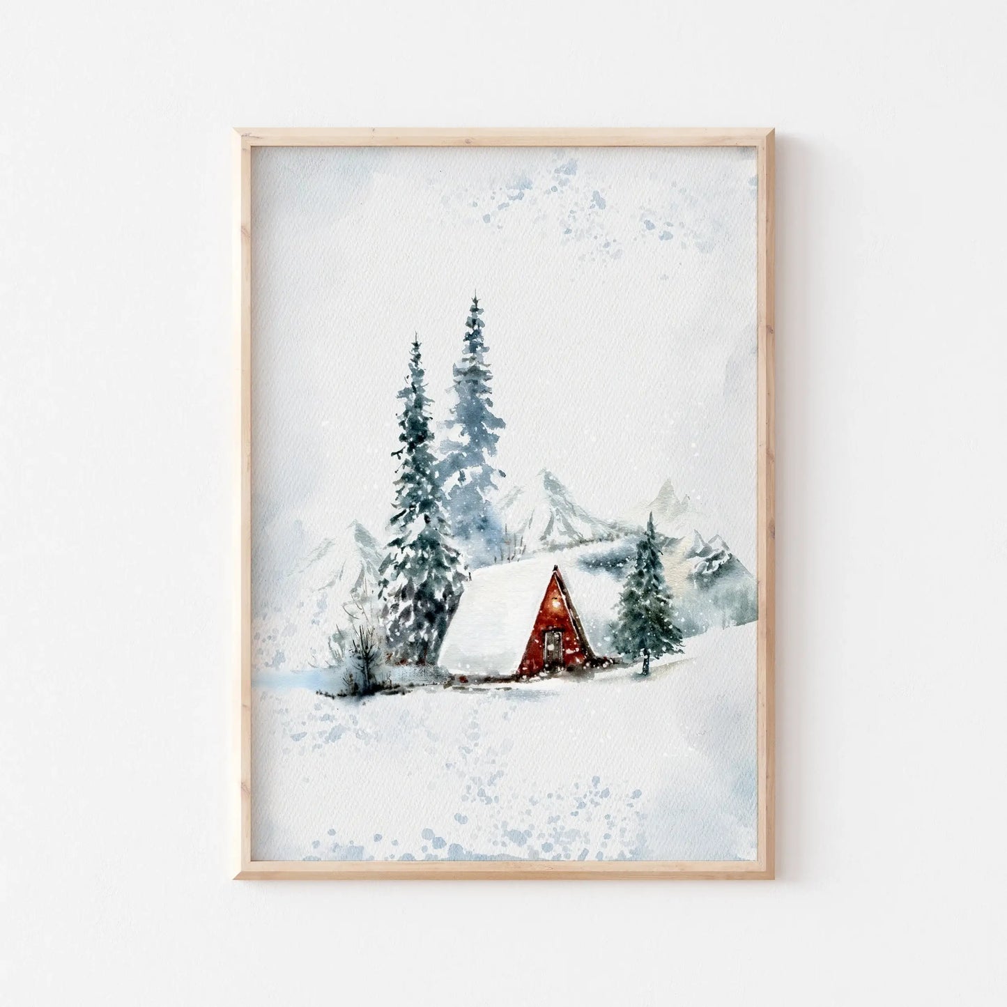 Winter Wonderland Prints Set of 5 featuring a cozy cottage in a snowy landscape with evergreen trees.