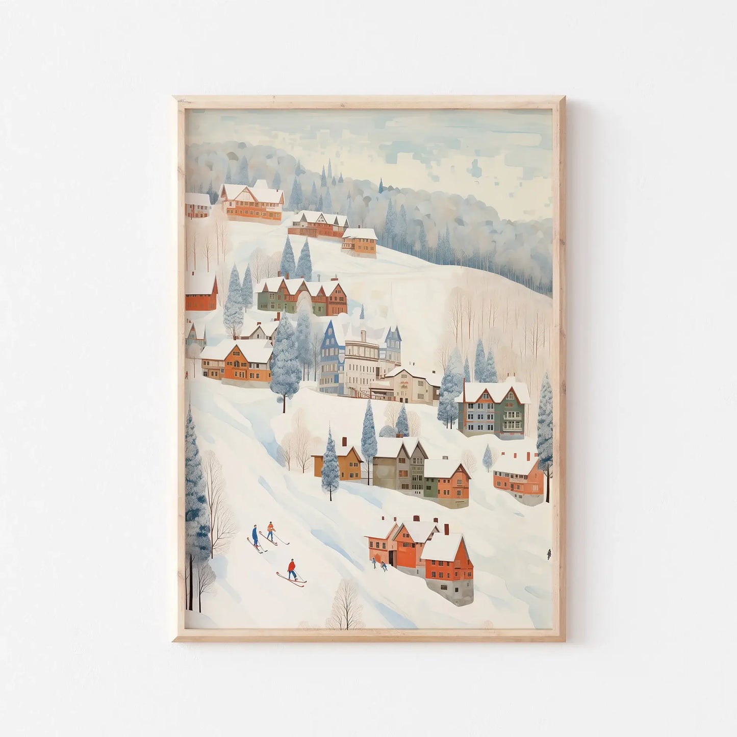 Winter Wonderland Prints Set of 5 featuring a snowy village landscape with skiers and rustic cottages.