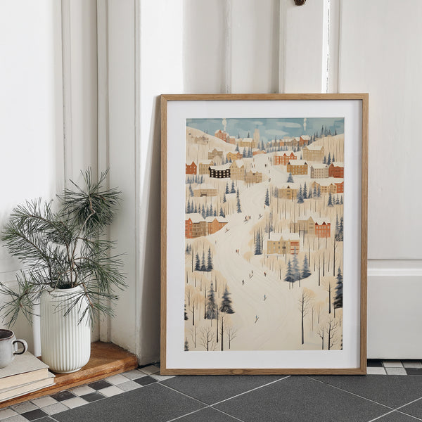 modern Winter Village poster placing on grey floor