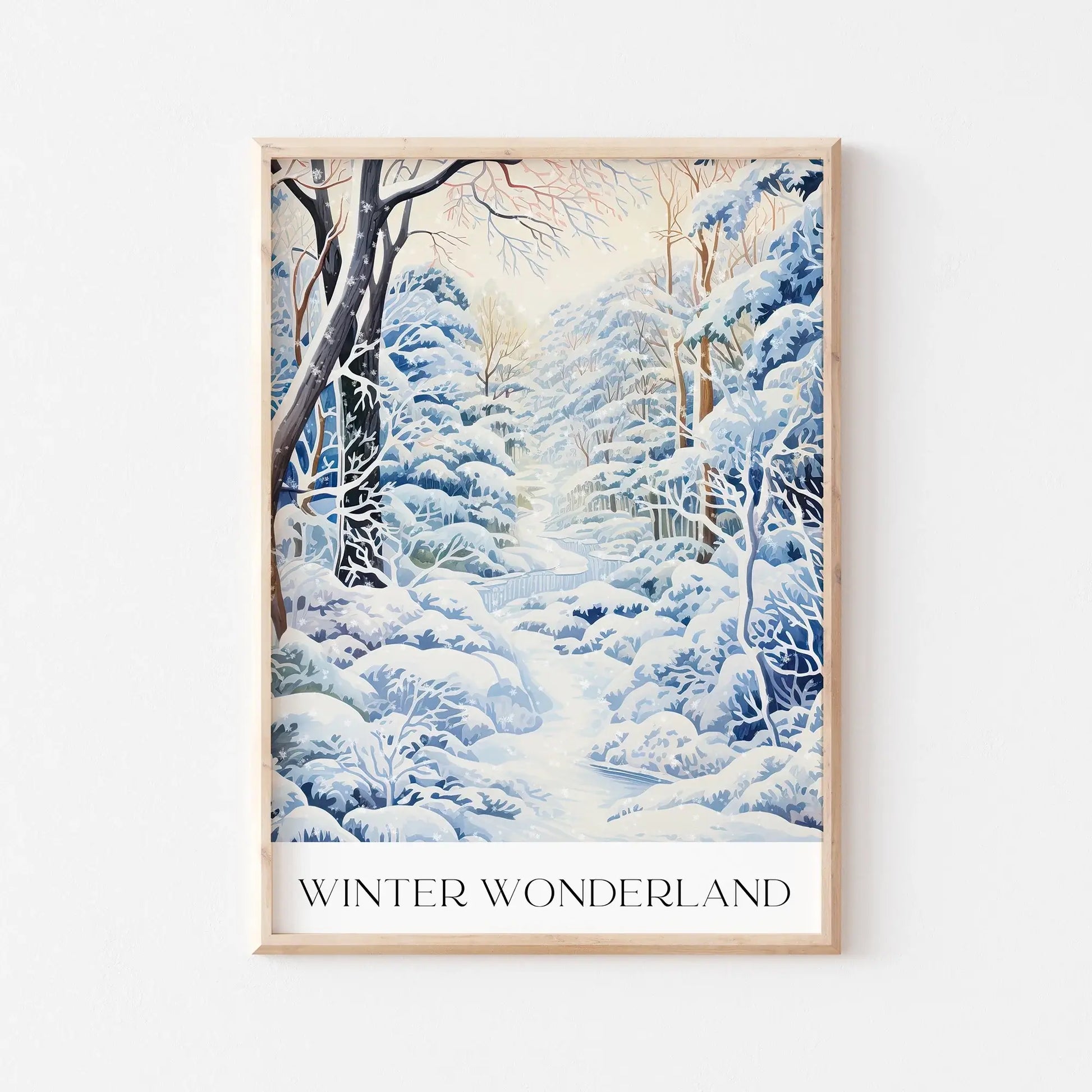 Winter Wonderland Prints Set of 5 artwork featuring a serene snowy forest scene.