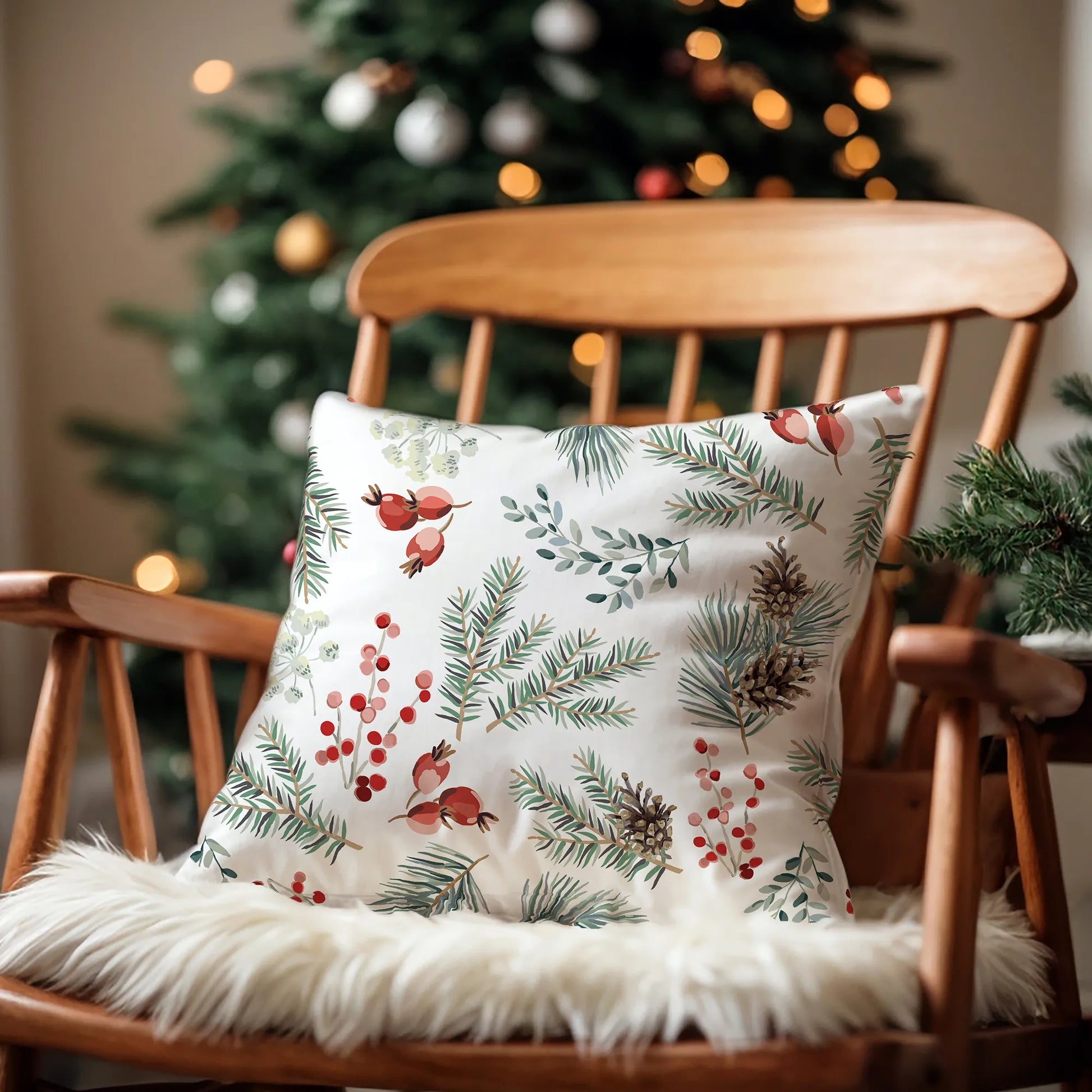 wood chair in christmas living room with Red Berry and Winter Botanical PILLOW from Blue Water Songs on it 