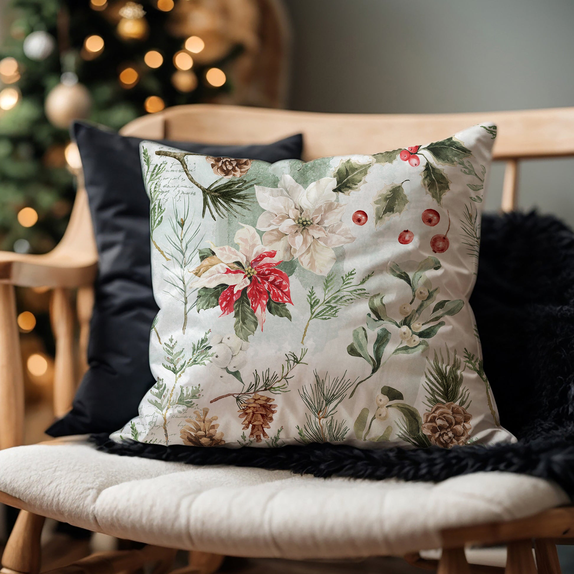 winter botanical pillow from Blue Water Songs on black fur blanket