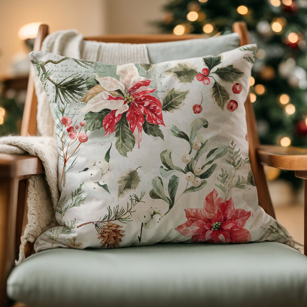 christmas living room decorated with Poinsettia Winter Botanical PILLOW from Blue Water Songs 