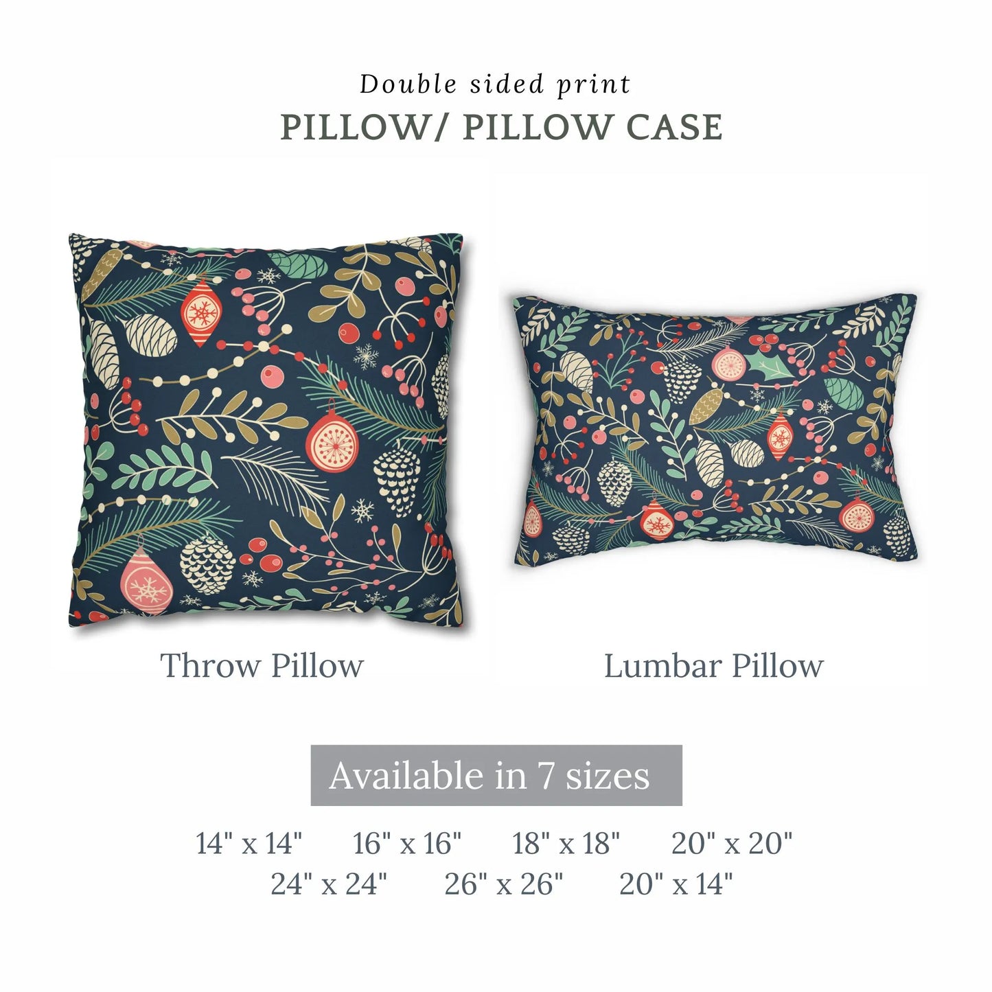 sizes available of Winter Botanical throw Pillows from Blue Water Songs 