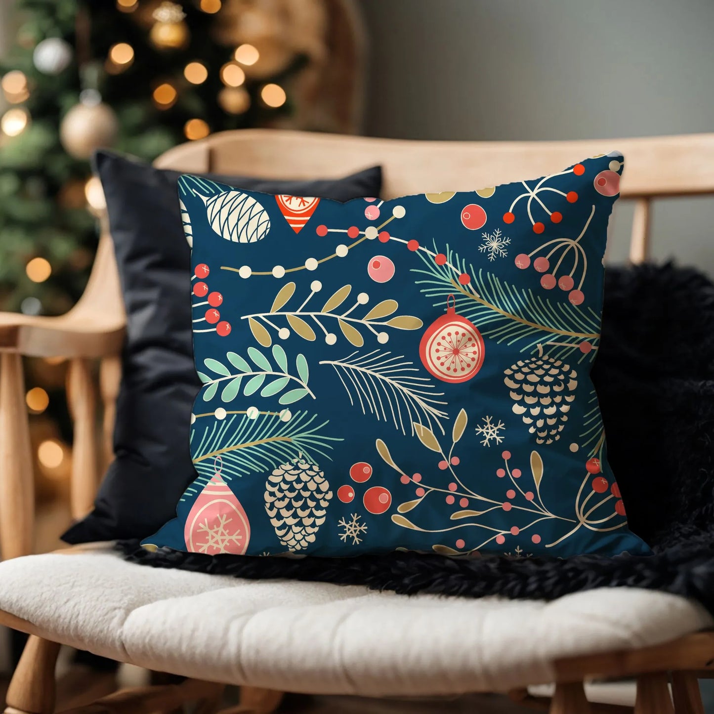 Winter Botanical Pillow from Blue Water Songs next to black cozy soft fur blanket
