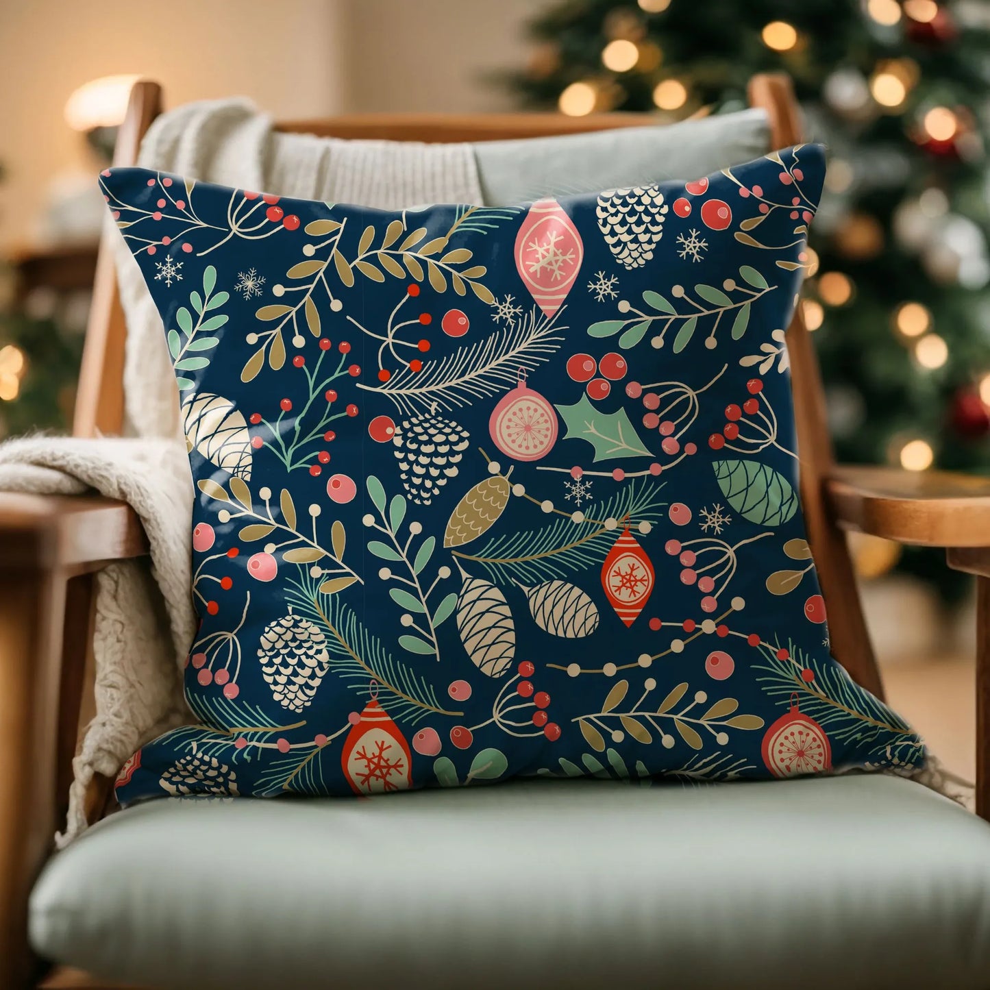 Winter Botanical Pillow from Blue Water Songs on green chair with christmas tree on the background