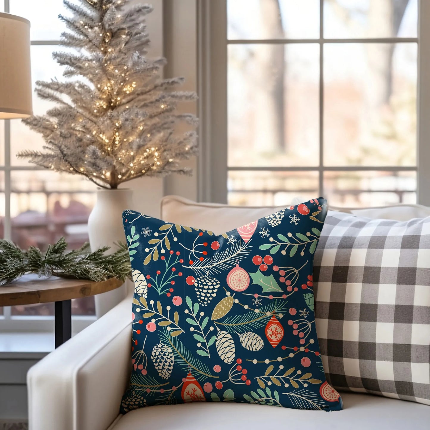 white christmas living room decoration with Winter Botanical Pillow from Blue Water Songs
