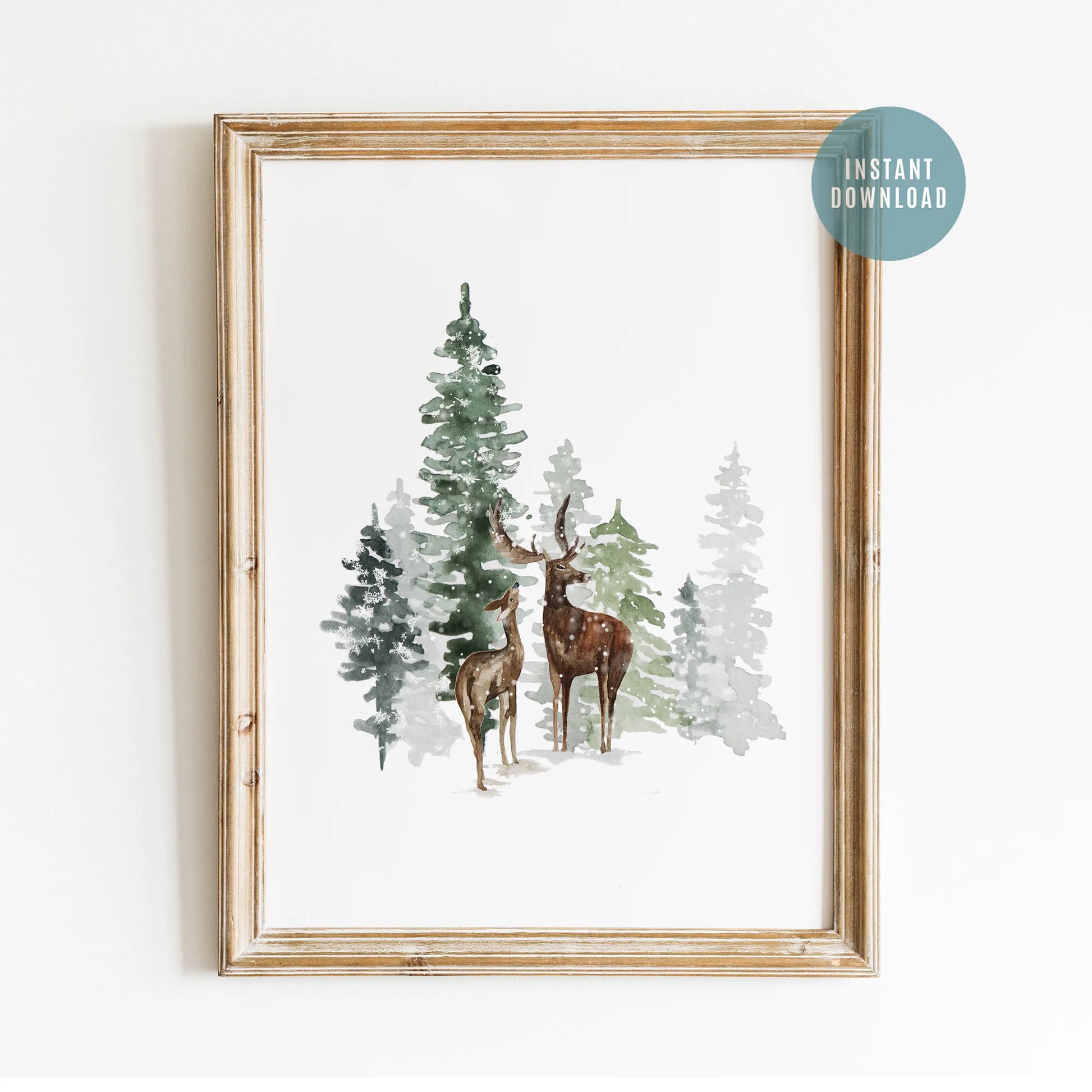 Winter Harmony - Watercolor Deers in Winter Scene  - DIGITAL DOWNLOAD