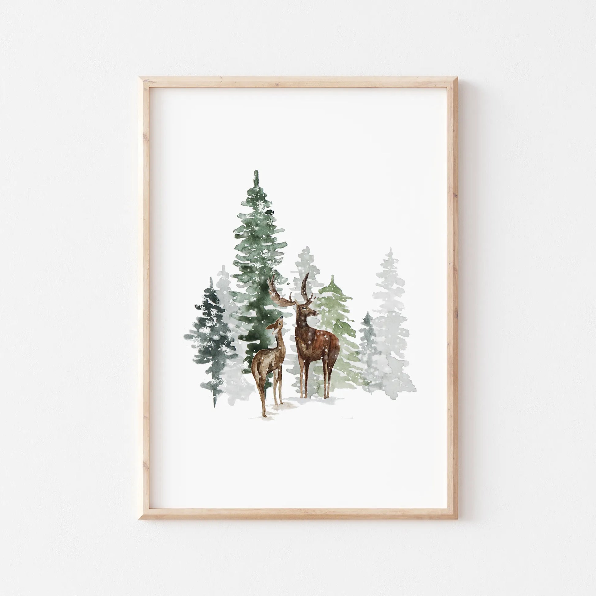 Winter Harmony - Watercolor Deers in Winter Scene  - DIGITAL DOWNLOAD