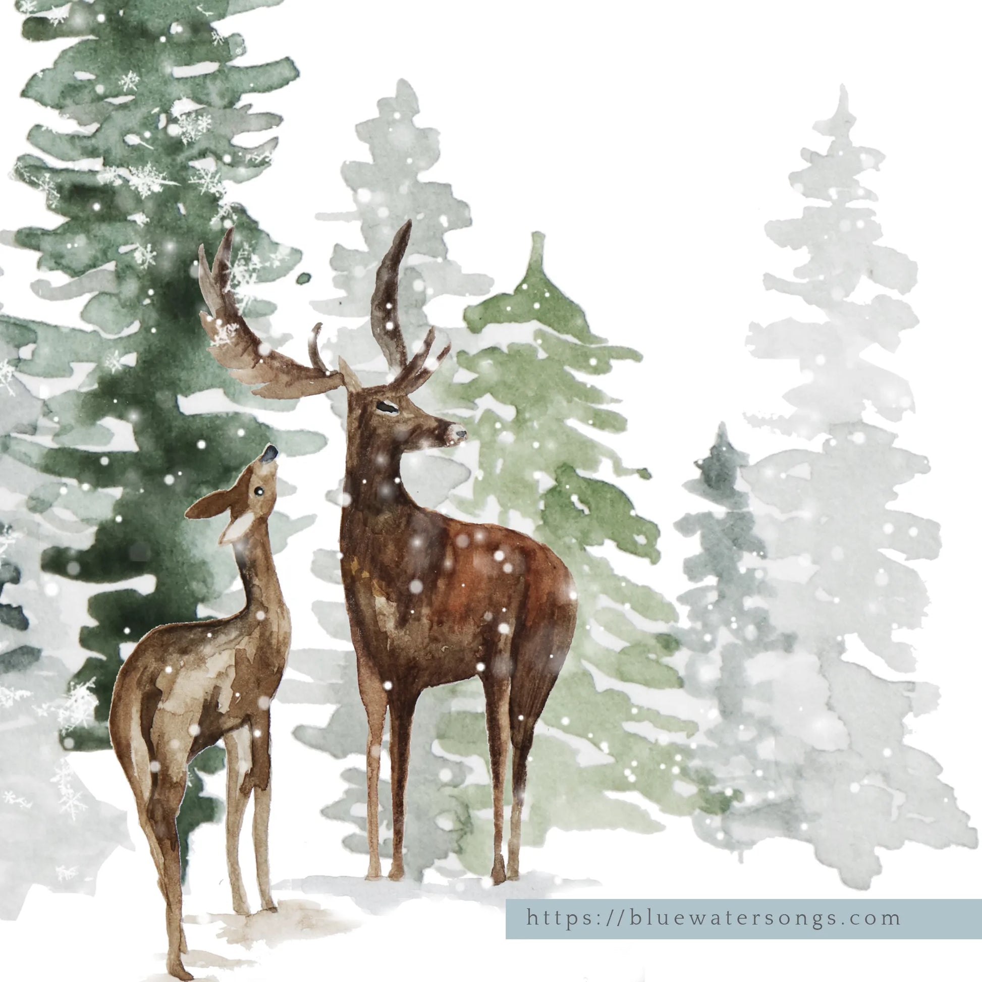 Winter Harmony - Watercolor Deers in Winter Scene  - DIGITAL DOWNLOAD