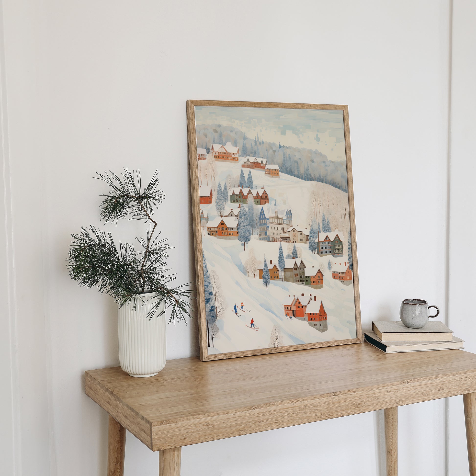 Winter Village poster Blue Water Songs on wood table