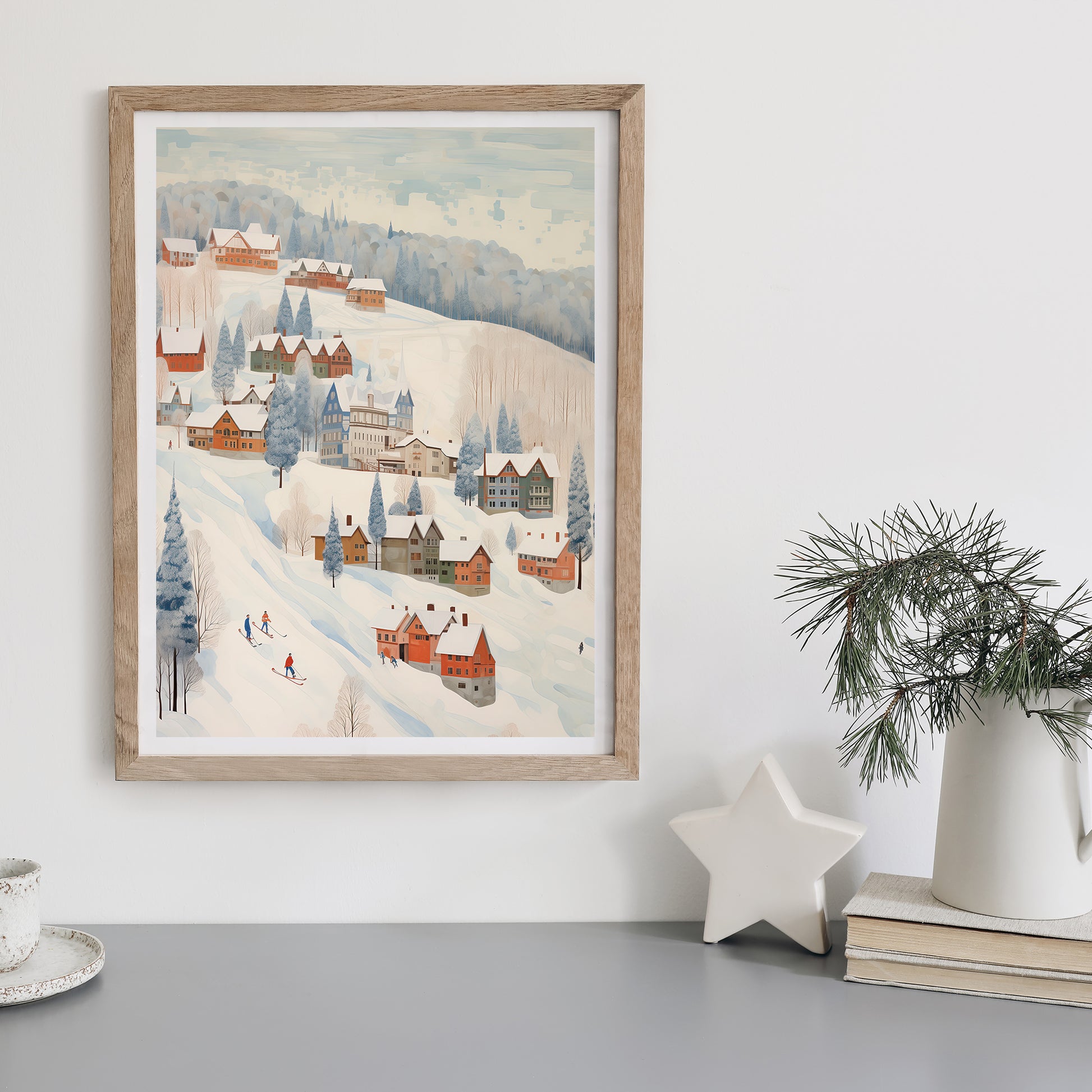 Winter Village poster from Blue Water Songs hanging on wall