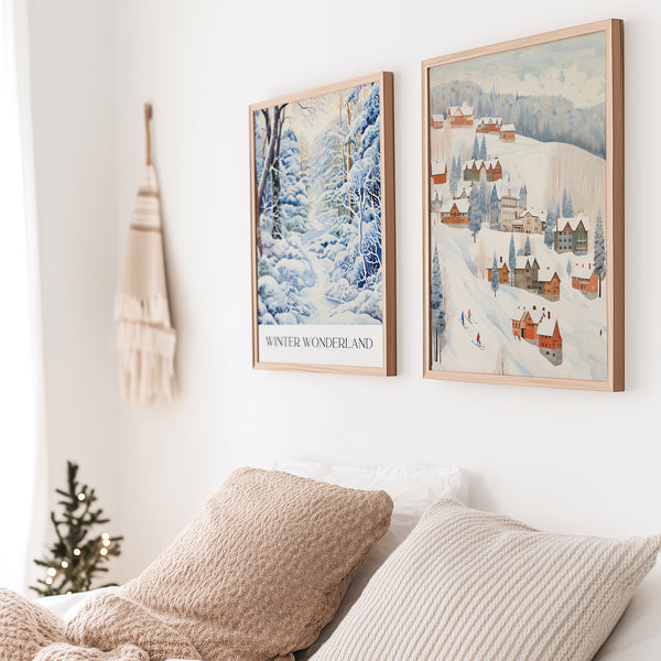 Winter Village posters from Blue Water Songs hanging on wall