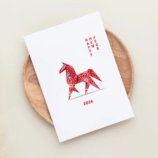 Red Origami Horse Lunar New Year Card – Year of the Horse 2026 Greeting Card