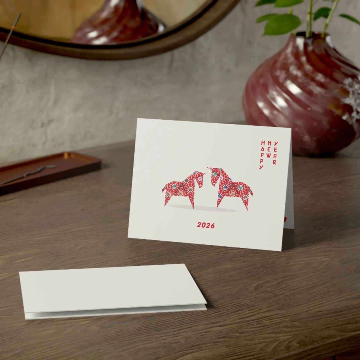 Red Origami Horses Lunar New Year Card | Greeting Card