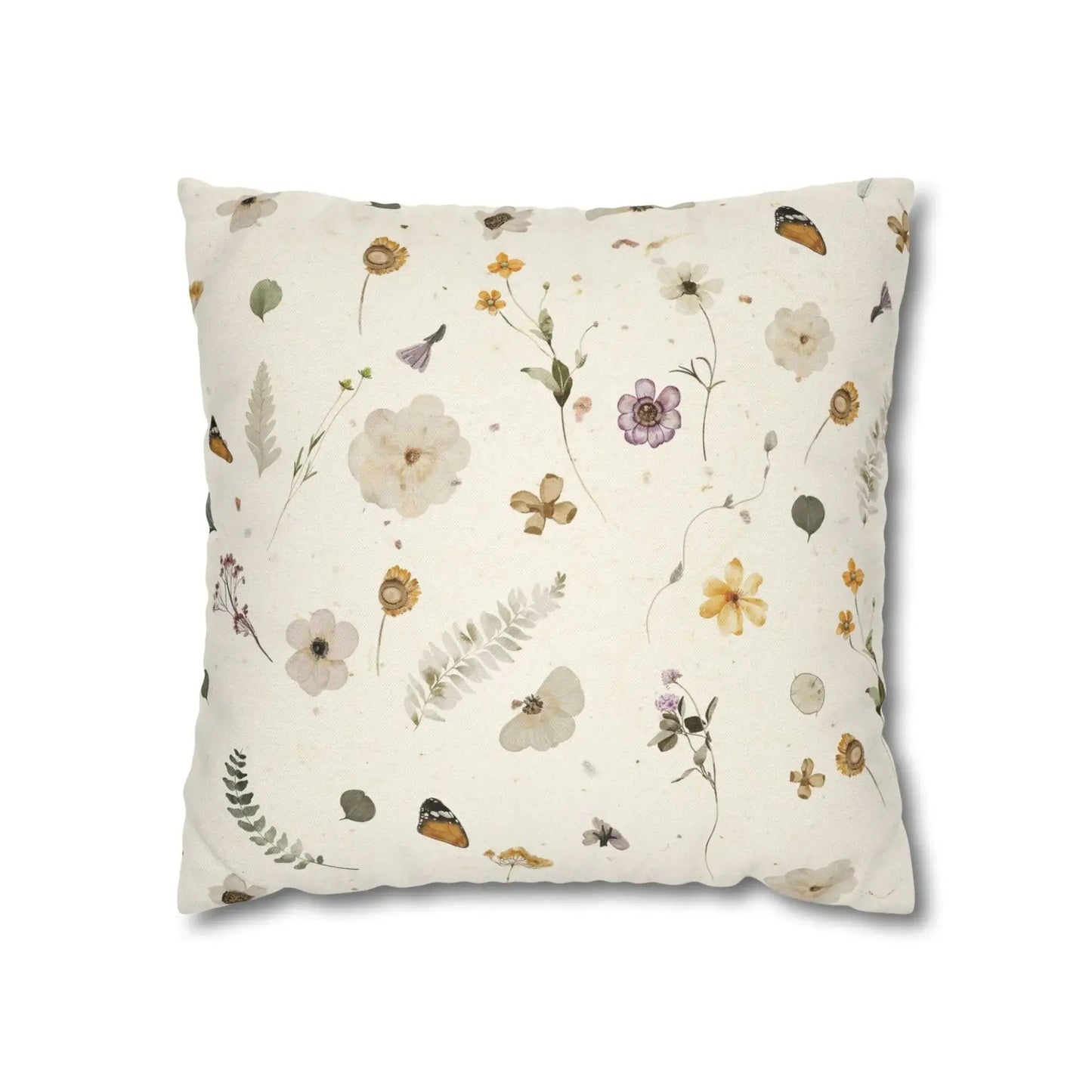 Yellow Watercolor Pressed Flowers PILLOW with delicate flower designs on a soft background.
