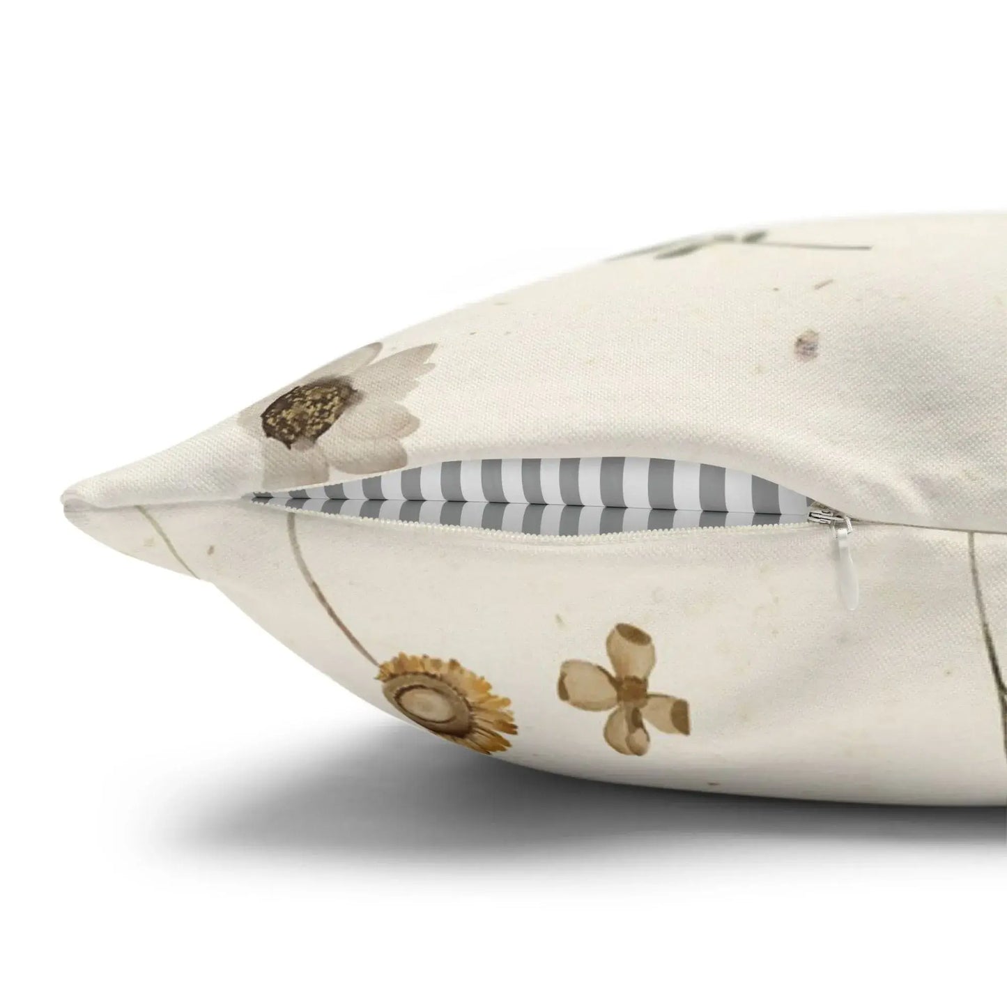 Yellow Watercolor Pressed Flowers PILLOW close-up showing zipper detail and botanical design.