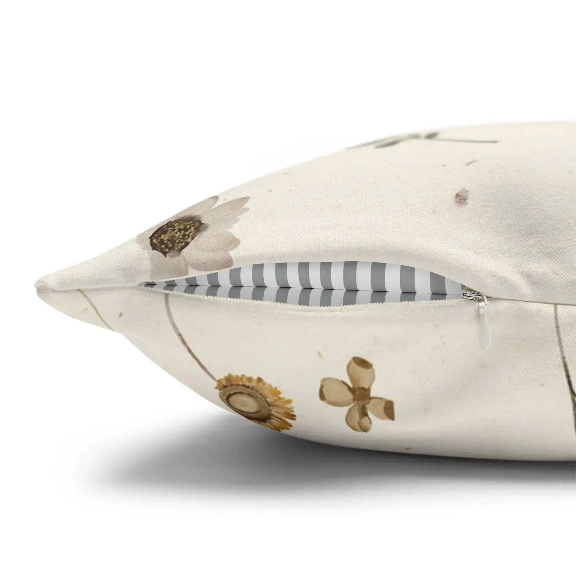 Yellow Watercolor Pressed Flowers PILLOW close-up showing zipper detail and botanical design.
