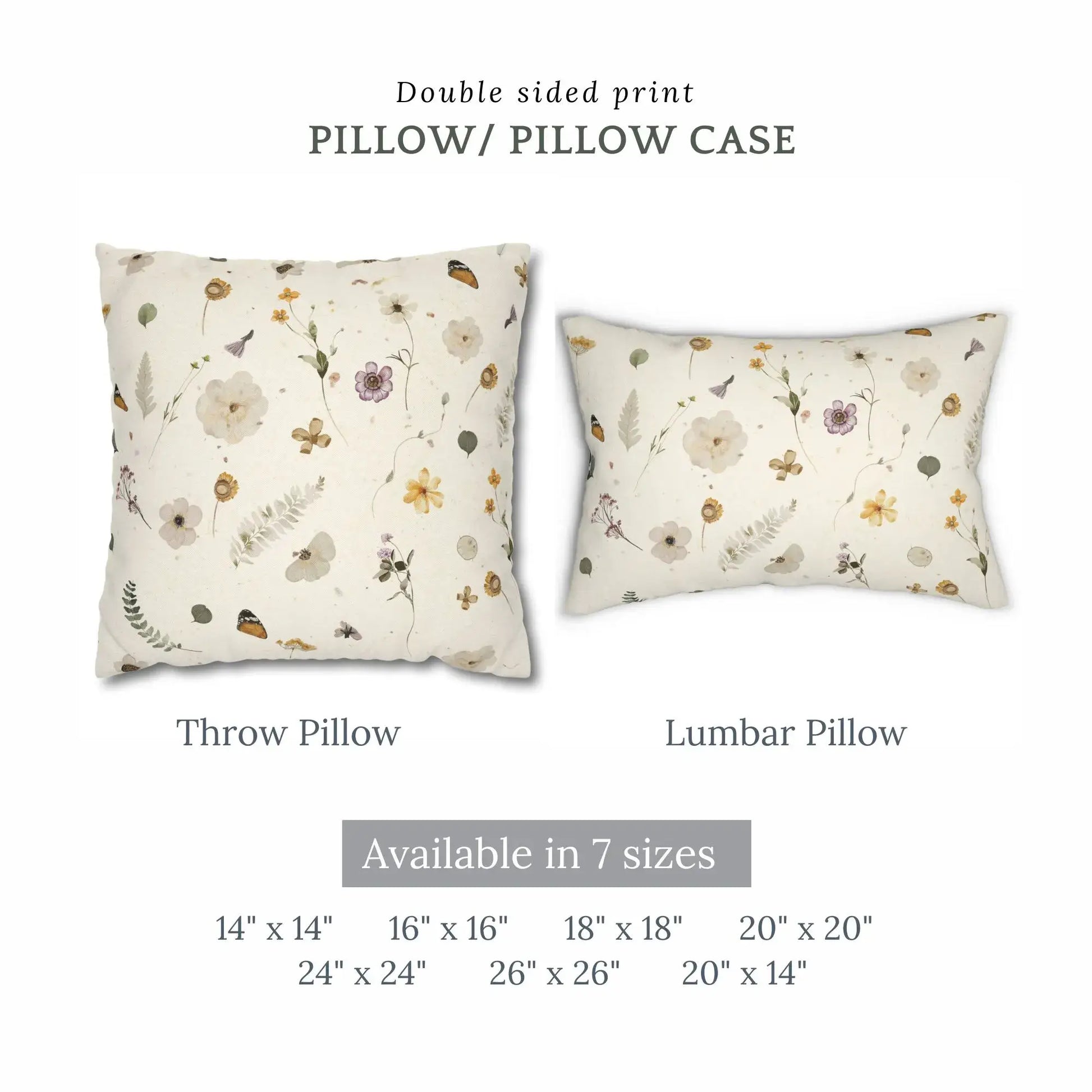 Yellow Watercolor Pressed Flowers PILLOW & COVER in throw and lumbar sizes available in 7 options.