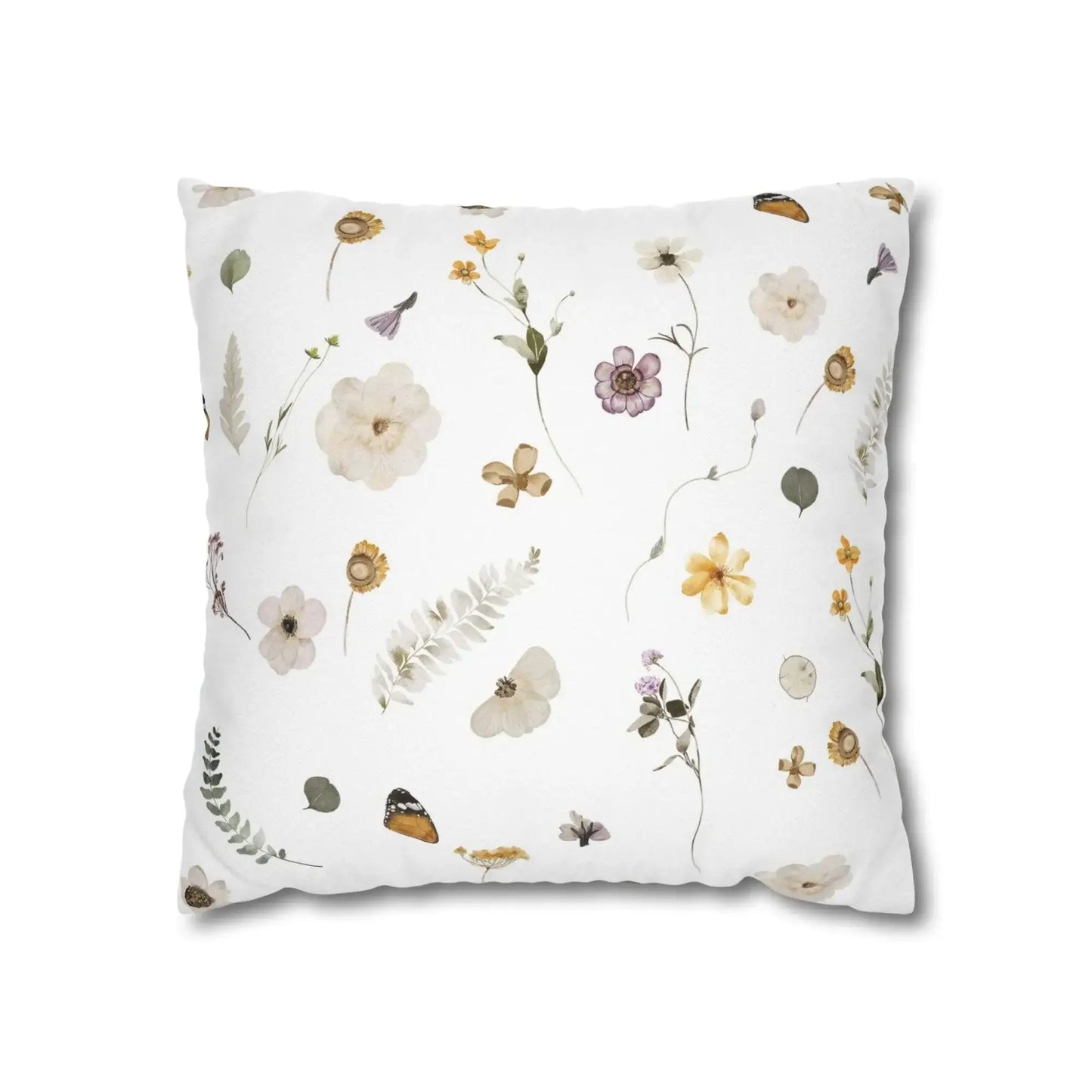 Yellow Watercolor Pressed Flowers PILLOW with delicate floral design on soft fabric.
