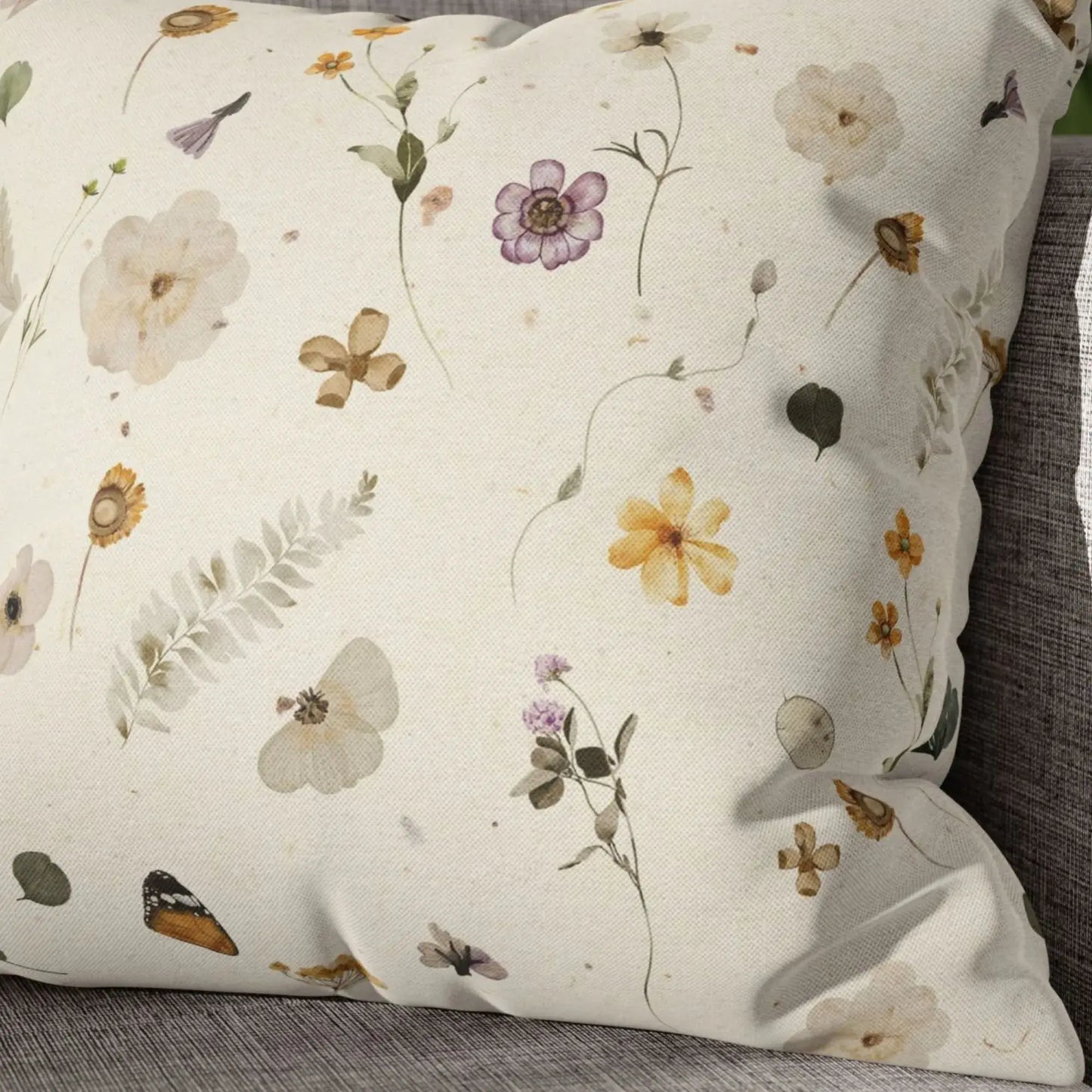 Yellow Watercolor Pressed Flowers PILLOW showcasing delicate floral prints on a soft fabric background.