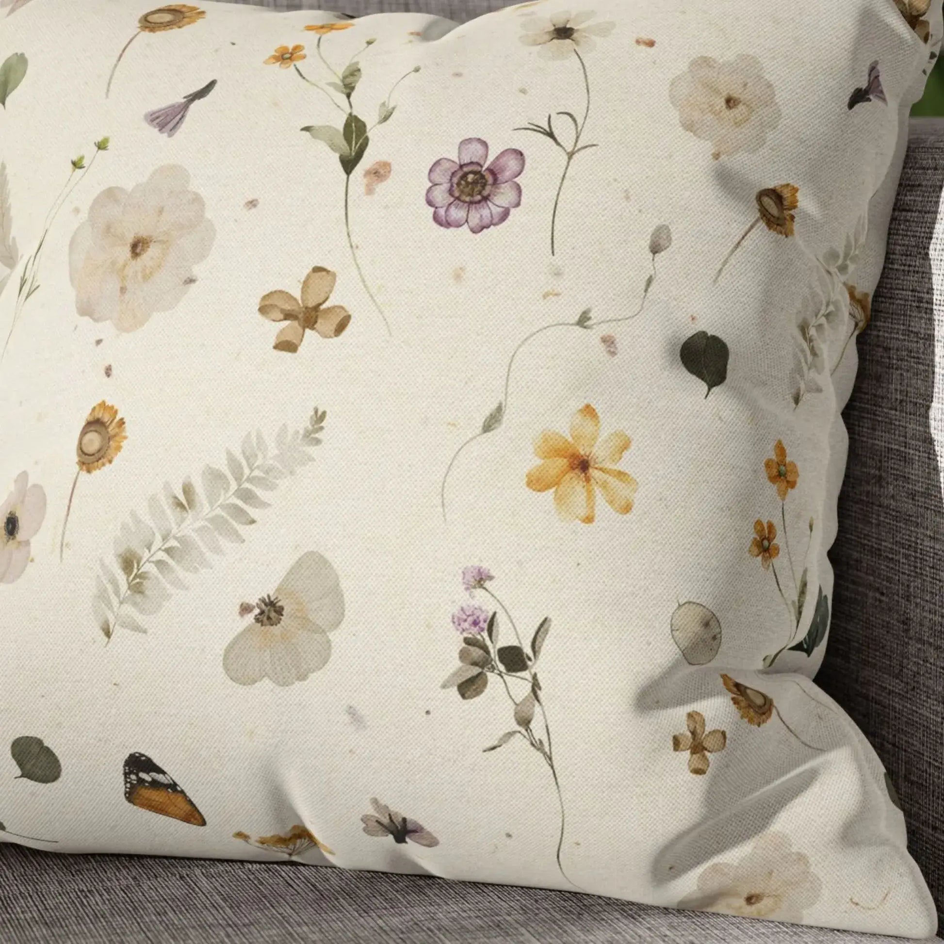 Yellow Watercolor Pressed Flowers PILLOW showcasing delicate floral prints on a soft fabric background.