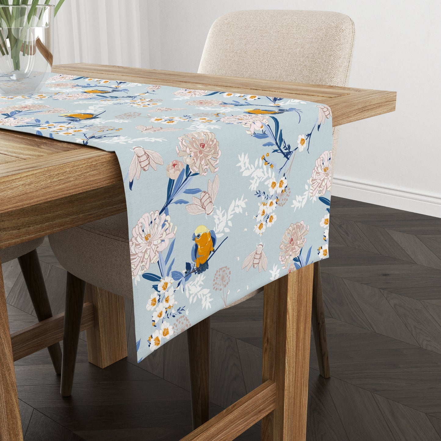 a wooden table topped with a blue table cloth