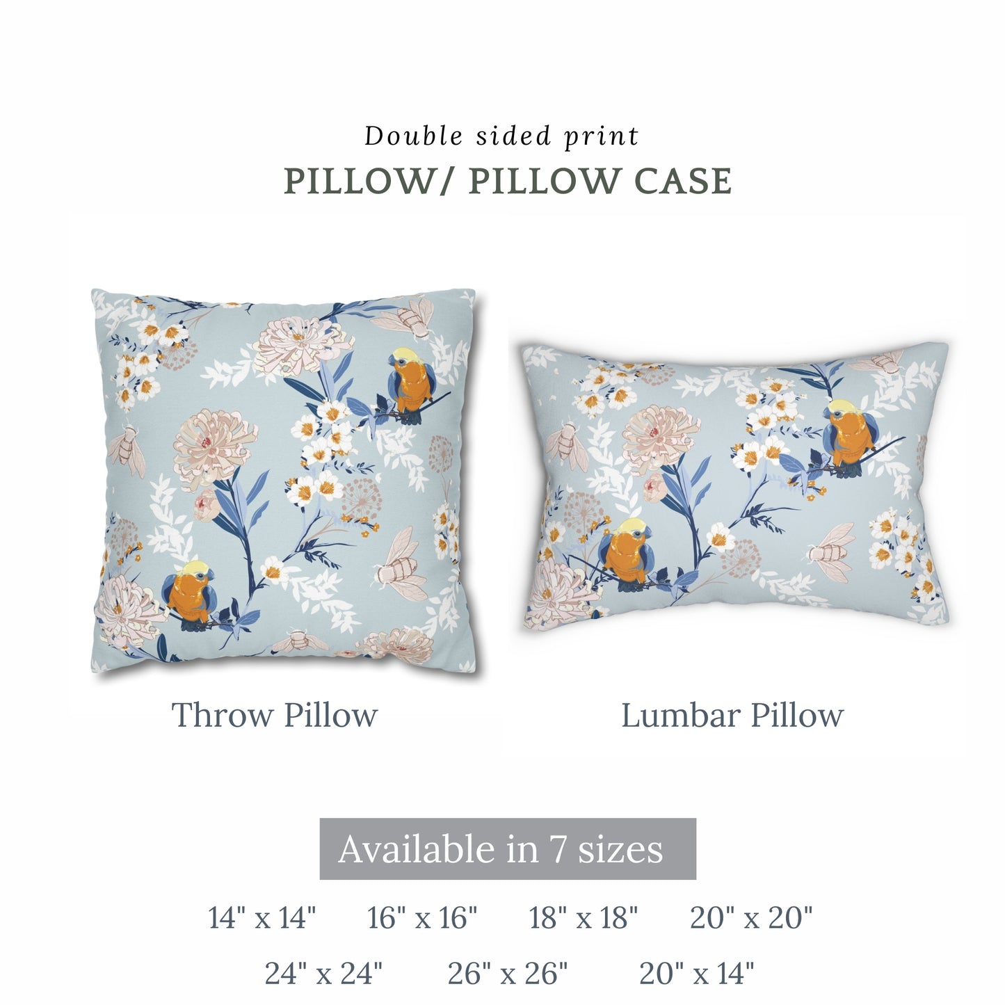 a pillow case with flowers and birds on it