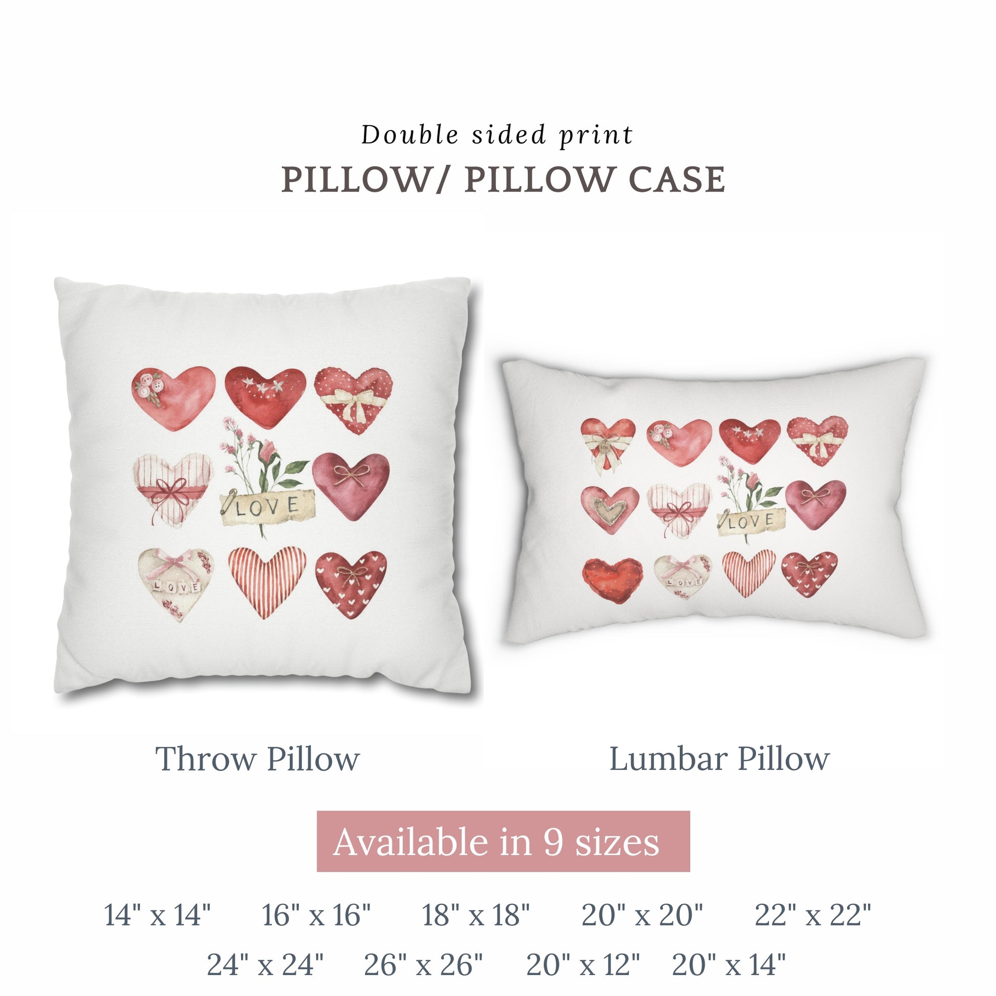 two pillows with hearts on them and the words pillow pillow case