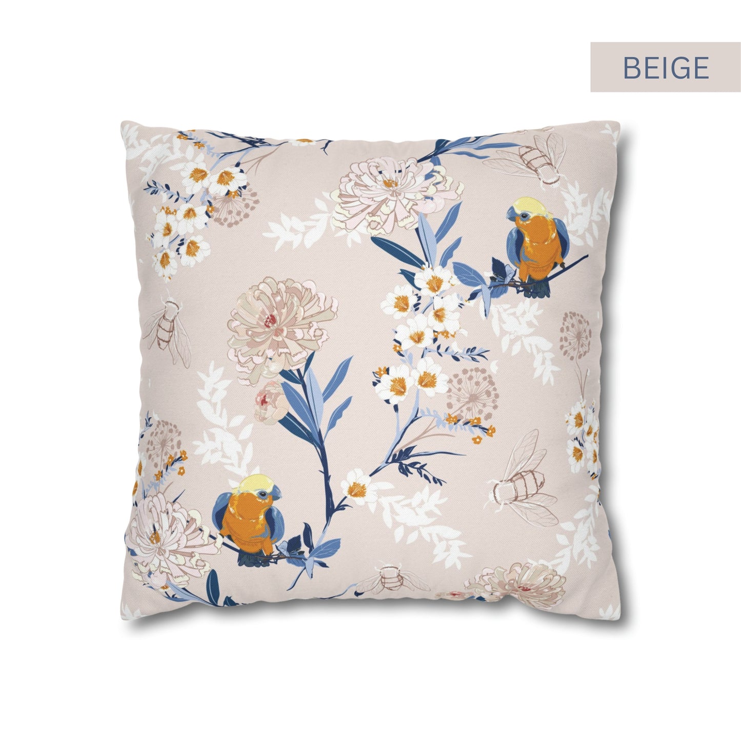 a pillow with a bird and flowers on it