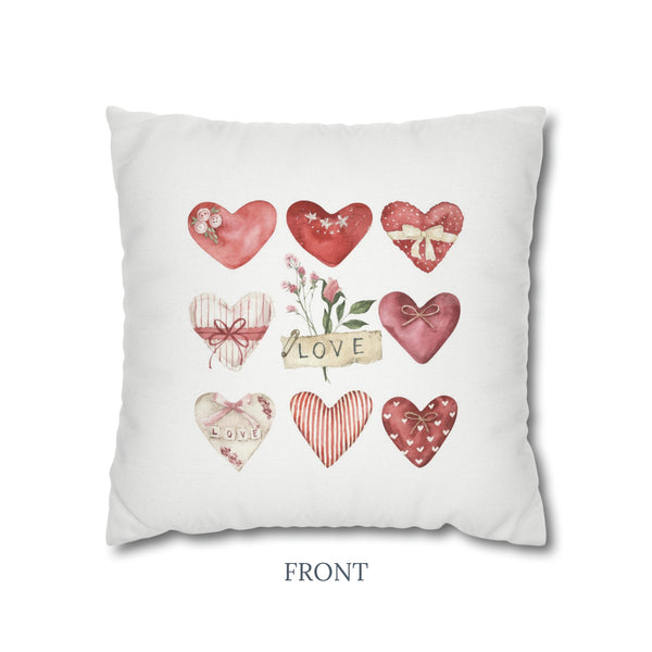 a pillow with a bunch of hearts on it