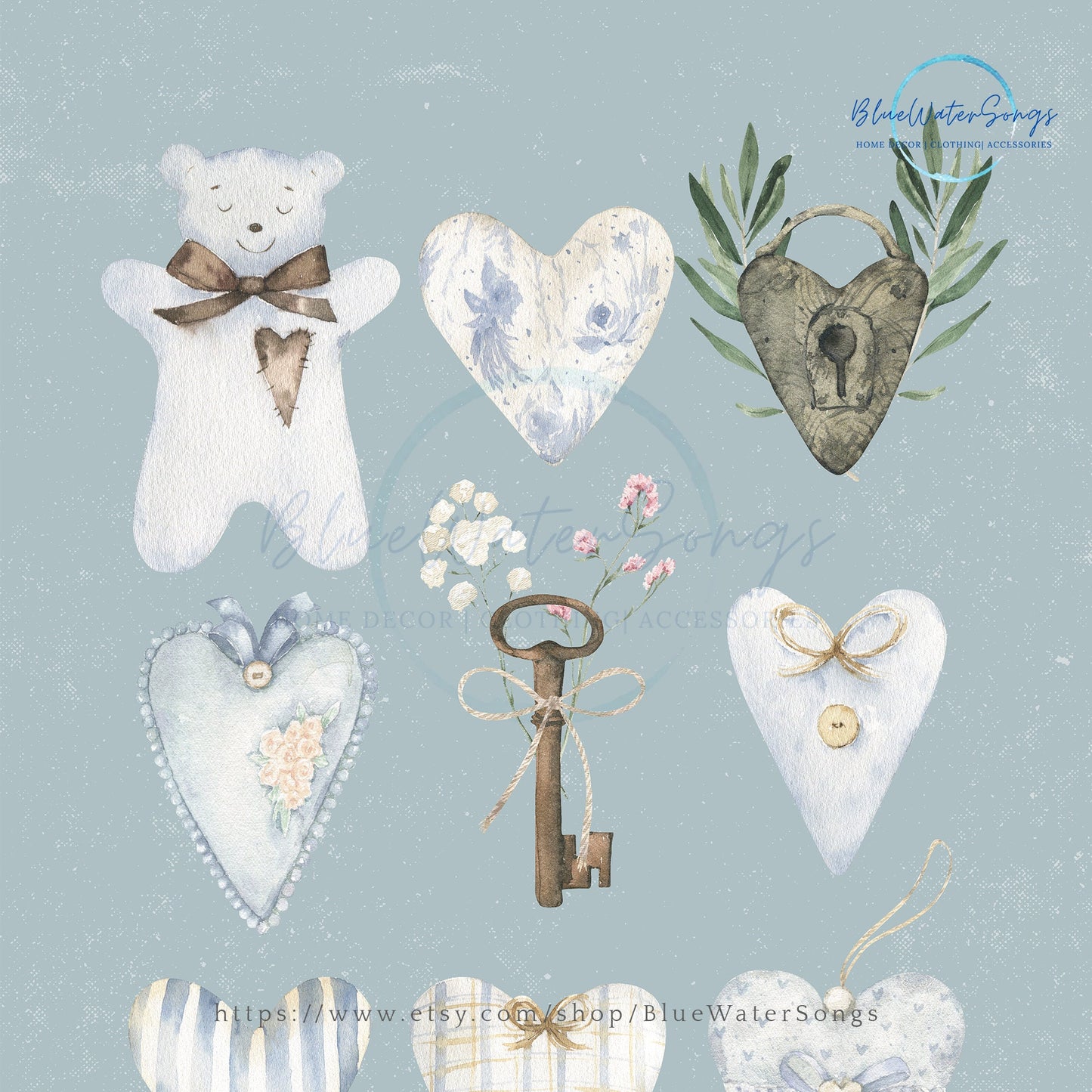 Watercolor Blue Hearts and Bear Painting - Instant Download file from Blue Water Songs