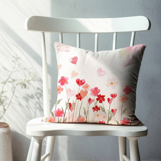 a white chair with a pink and red pillow on it