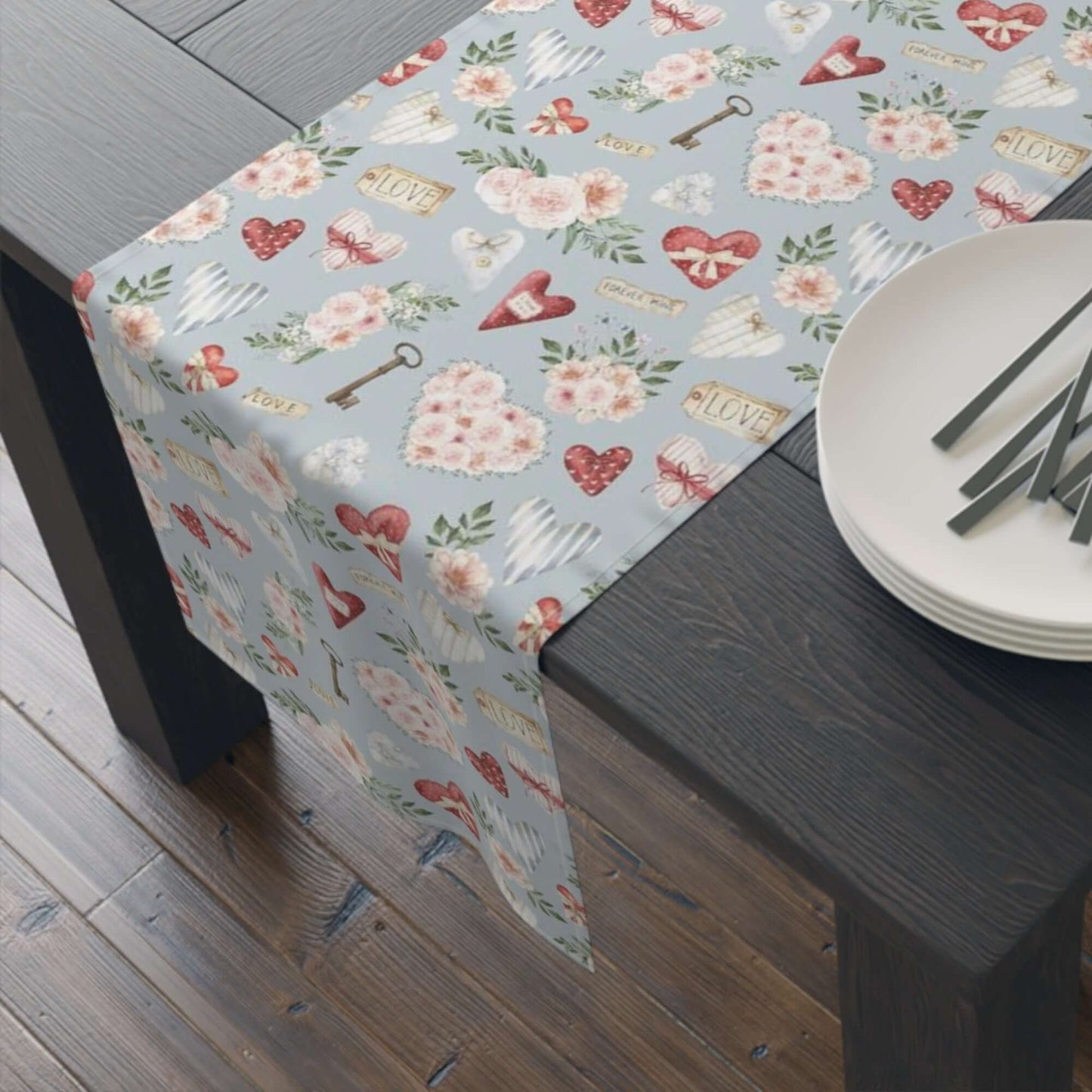 Blue Valentine table runner with watercolor roses and hearts styled with simple place setting