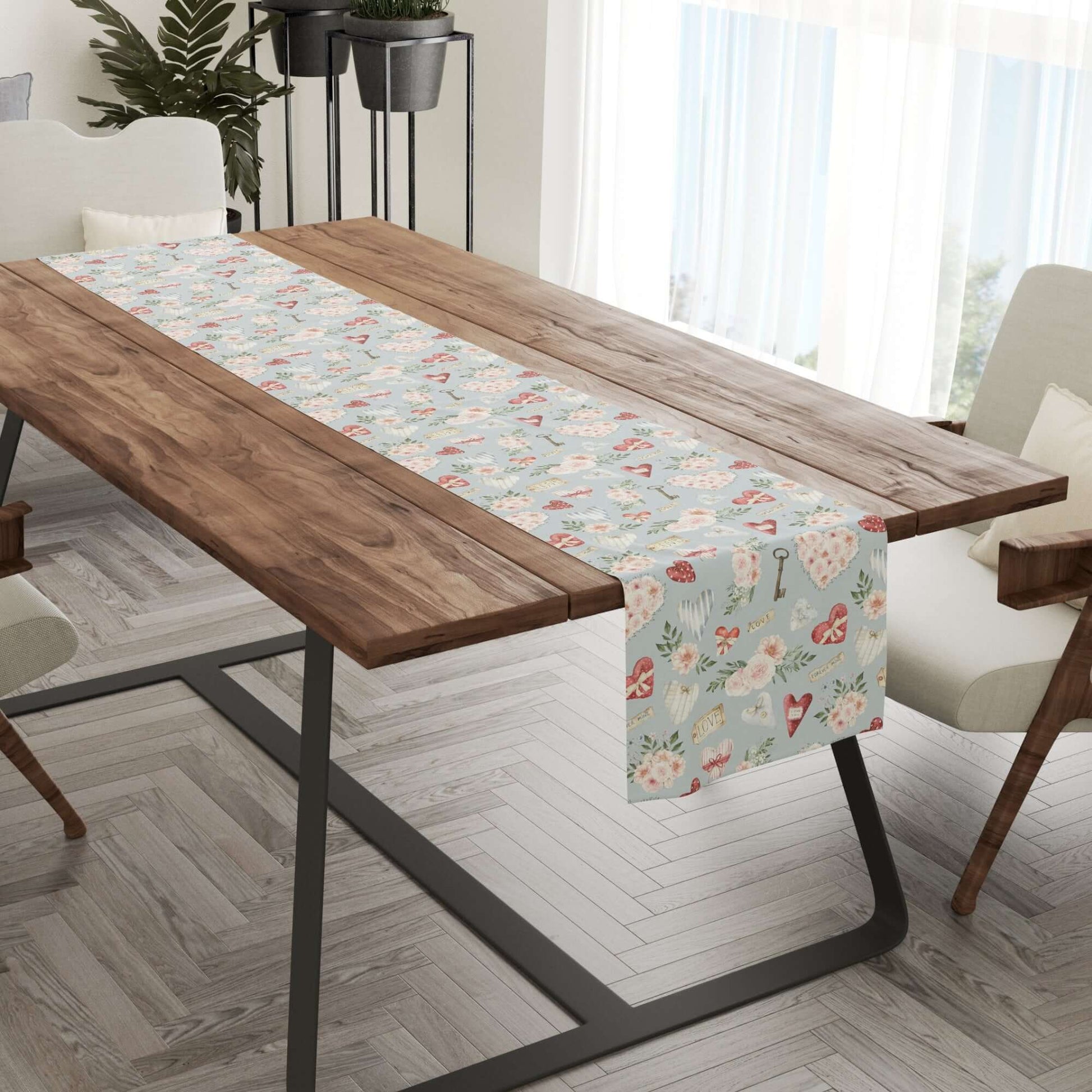 Watercolor floral and heart Blue Valentine table runner styled on rustic wooden dining table