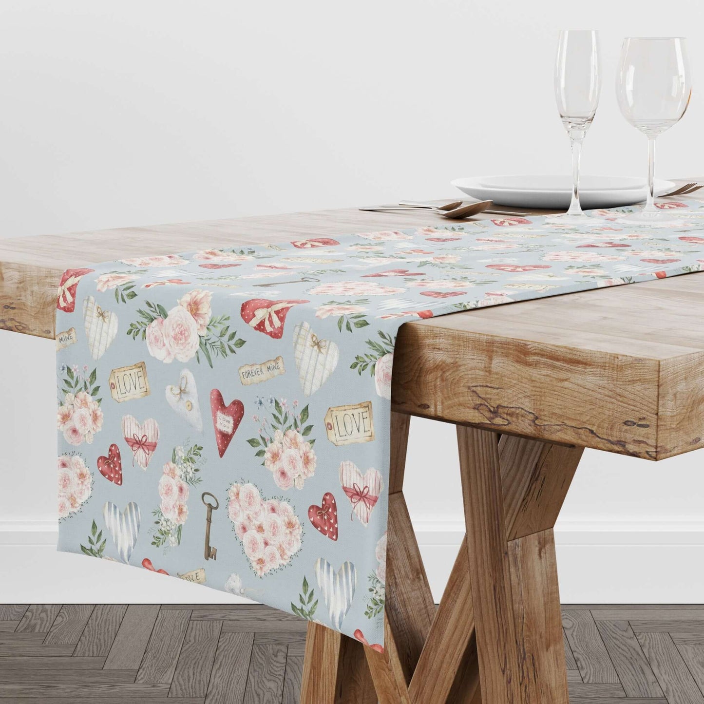 Watercolor floral and heart Blue Valentine table runner styled on natural wood table