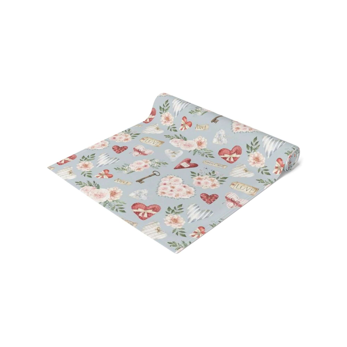 Blue Valentine table runner featuring watercolor roses, hearts, and vintage love notes