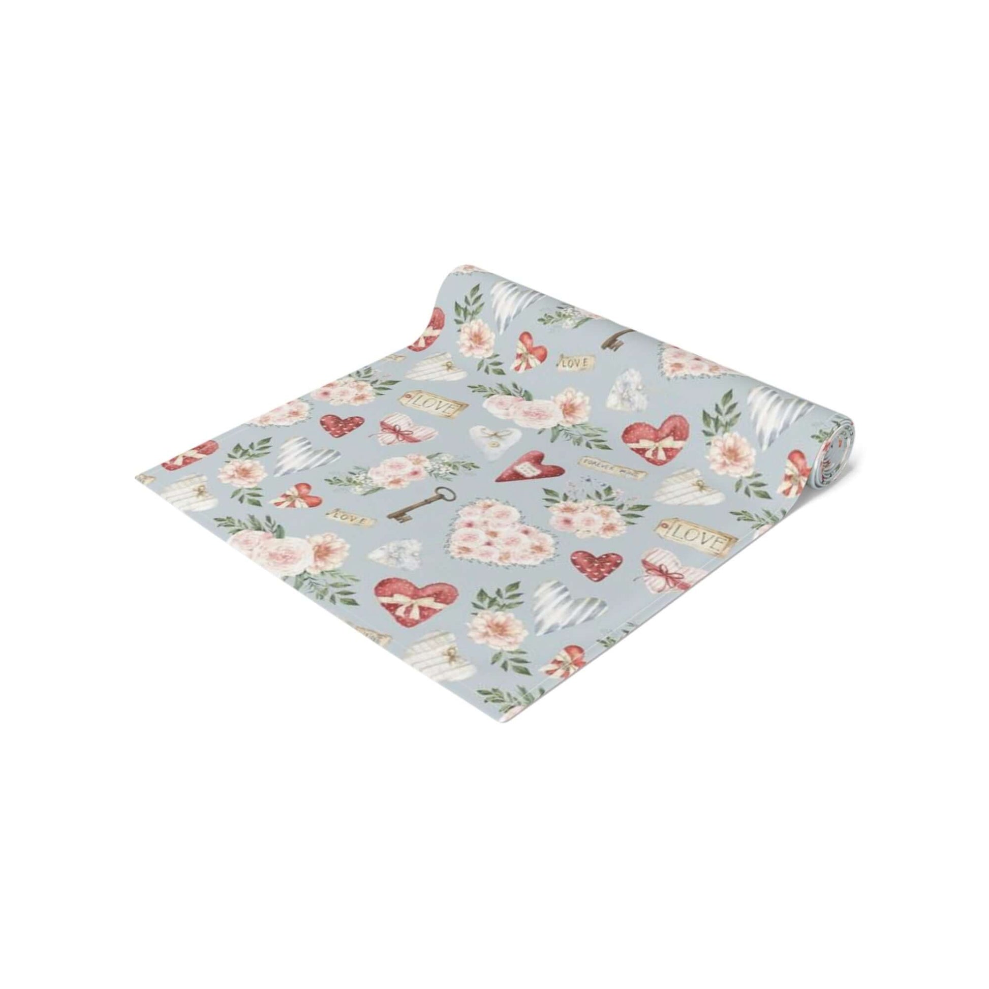 Blue Valentine table runner featuring watercolor roses, hearts, and vintage love notes
