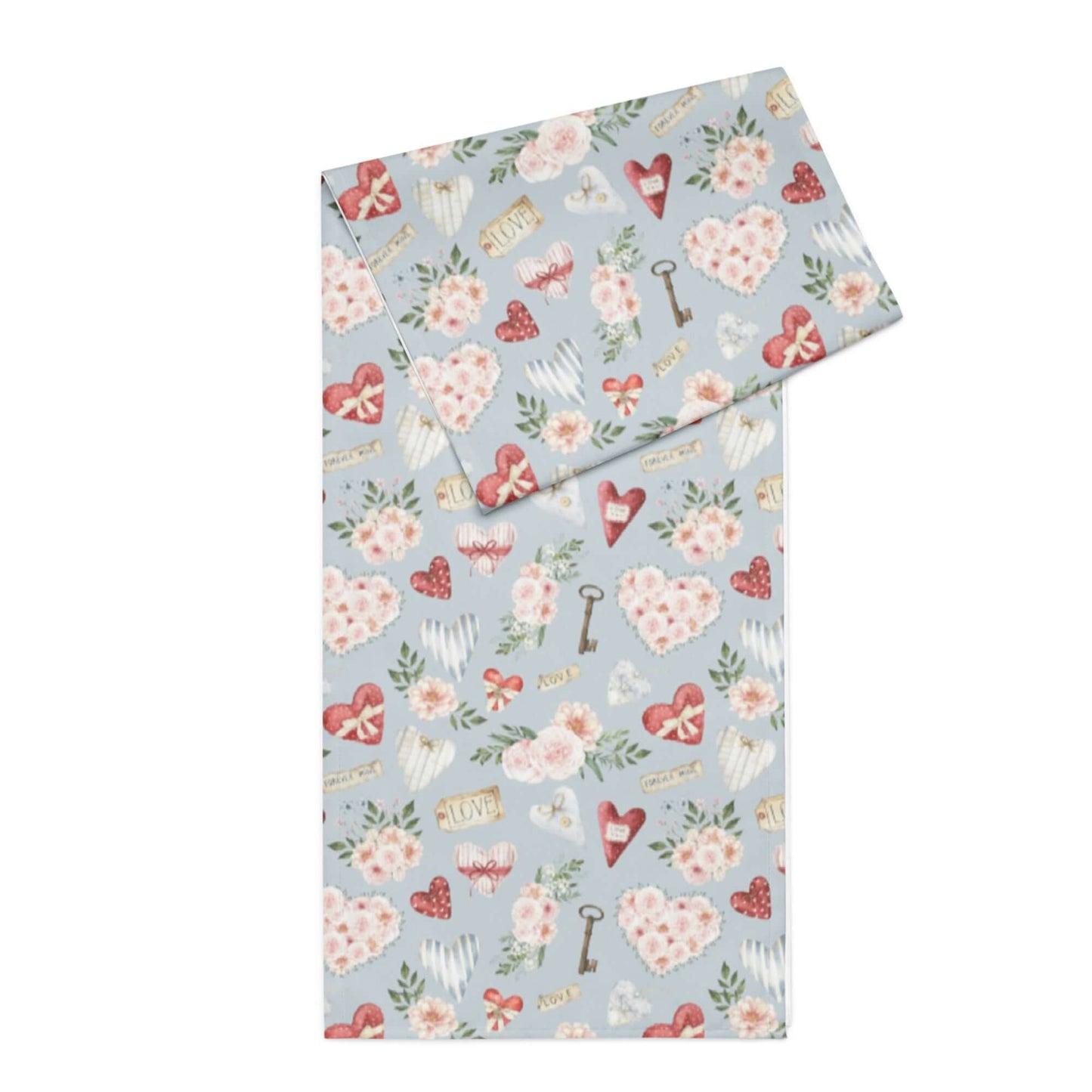 Blue Valentine table runner with watercolor roses, florals, and heart motifs