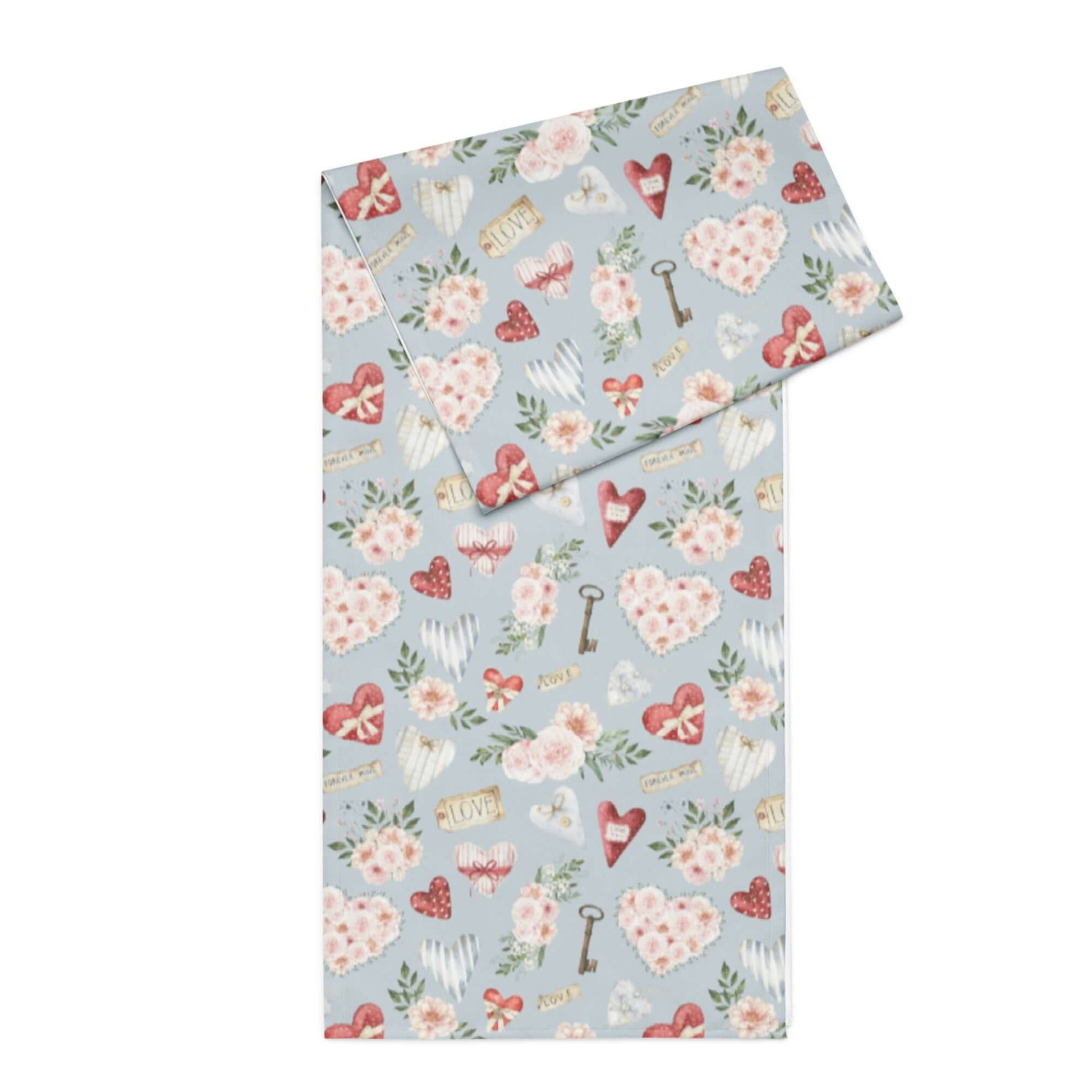 Blue Valentine table runner with watercolor roses, florals, and heart motifs