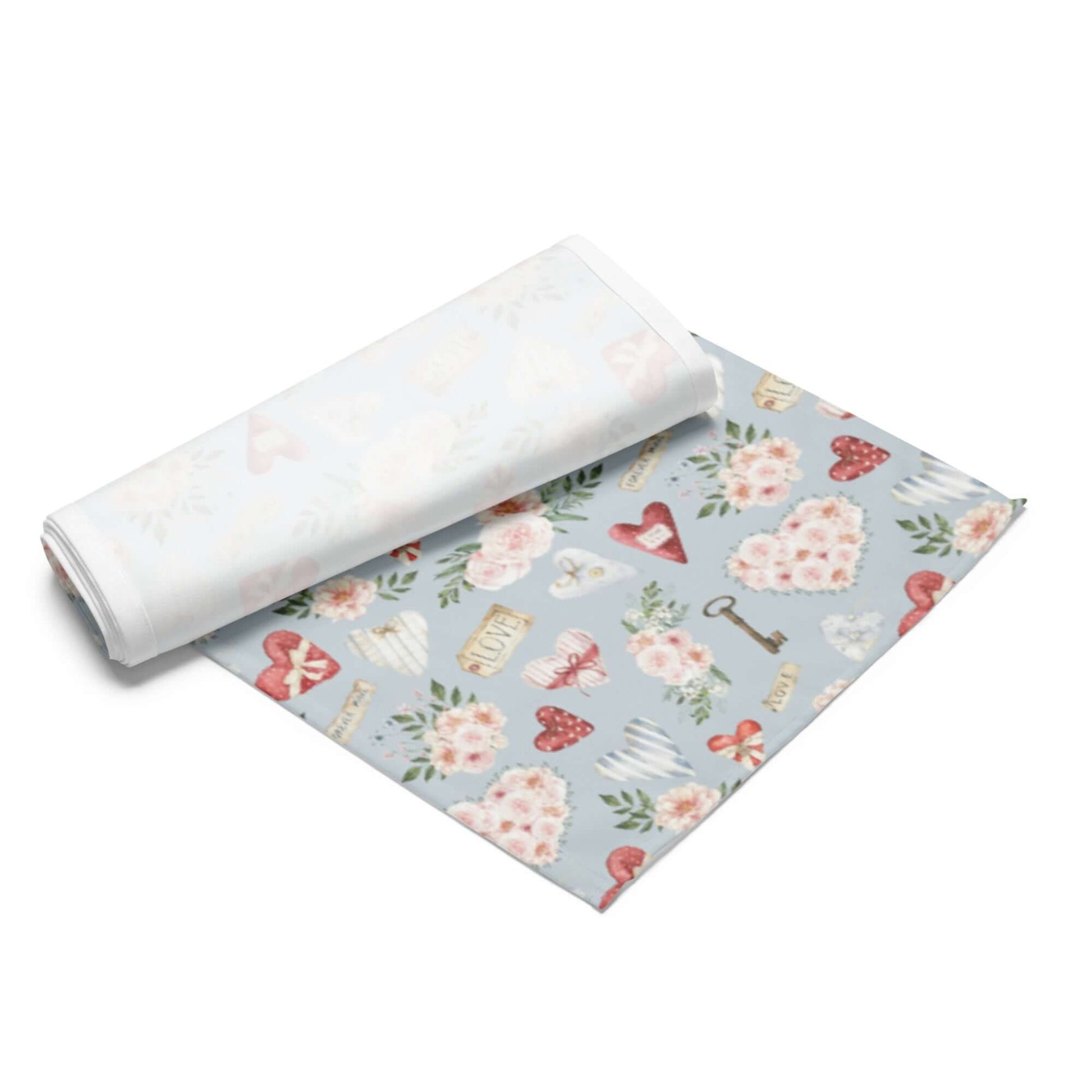 Watercolor floral and heart Blue Valentine table runner in soft blue romantic design