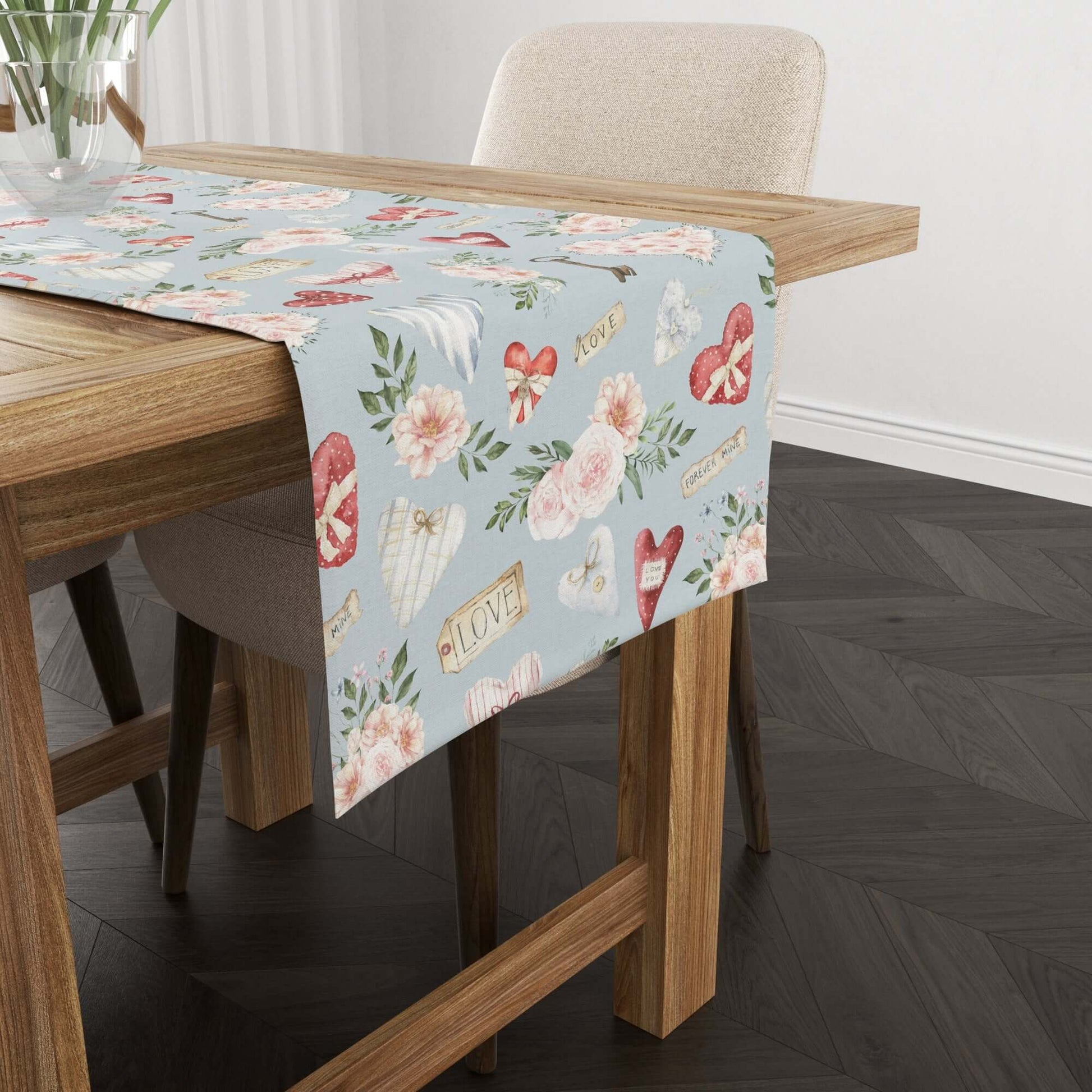 Blue Valentine table runner featuring watercolor florals and heart motifs on wooden table