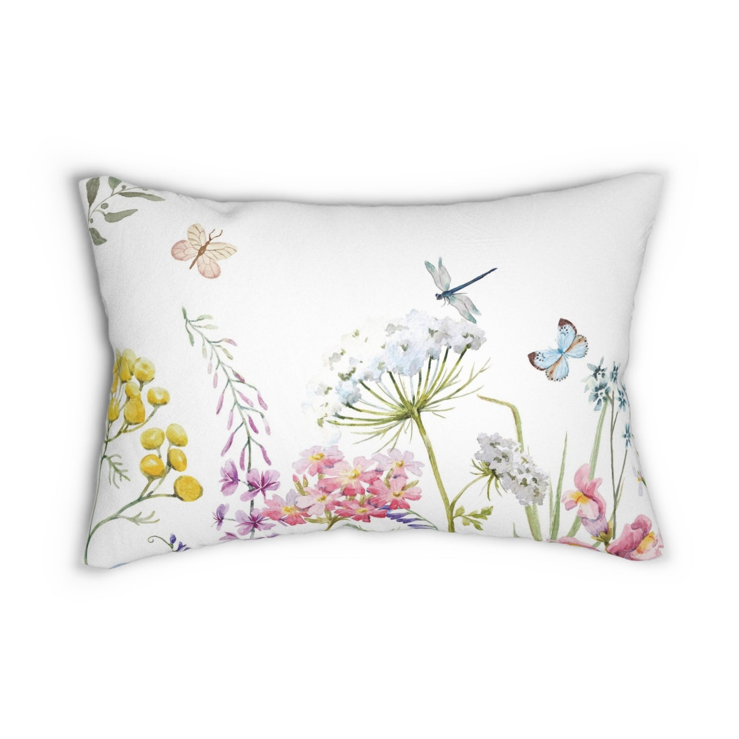 a white pillow with flowers and butterflies on it