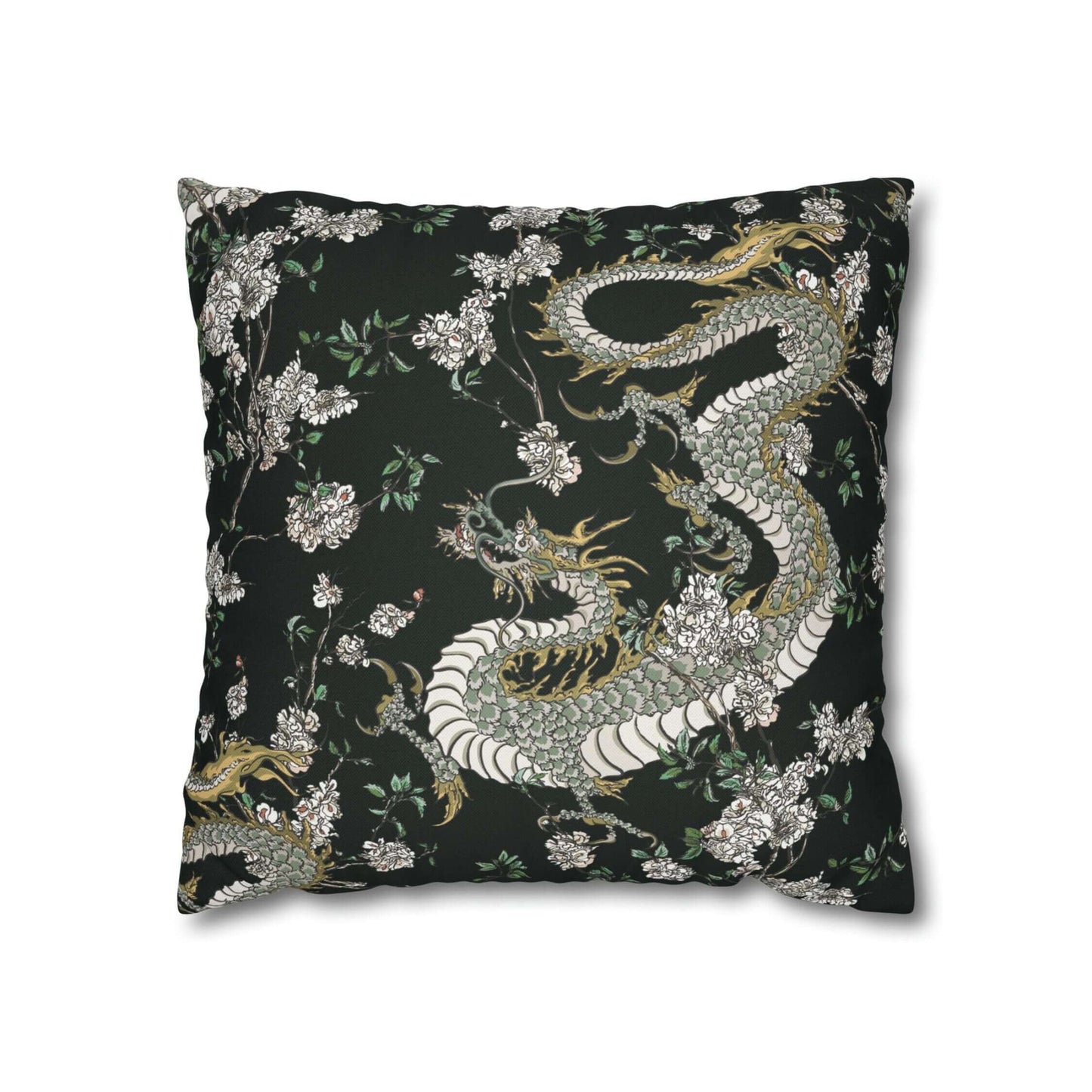 Dragon and flowers chinoiserie pillow cover. Dark green decorative pillow with oriental design.